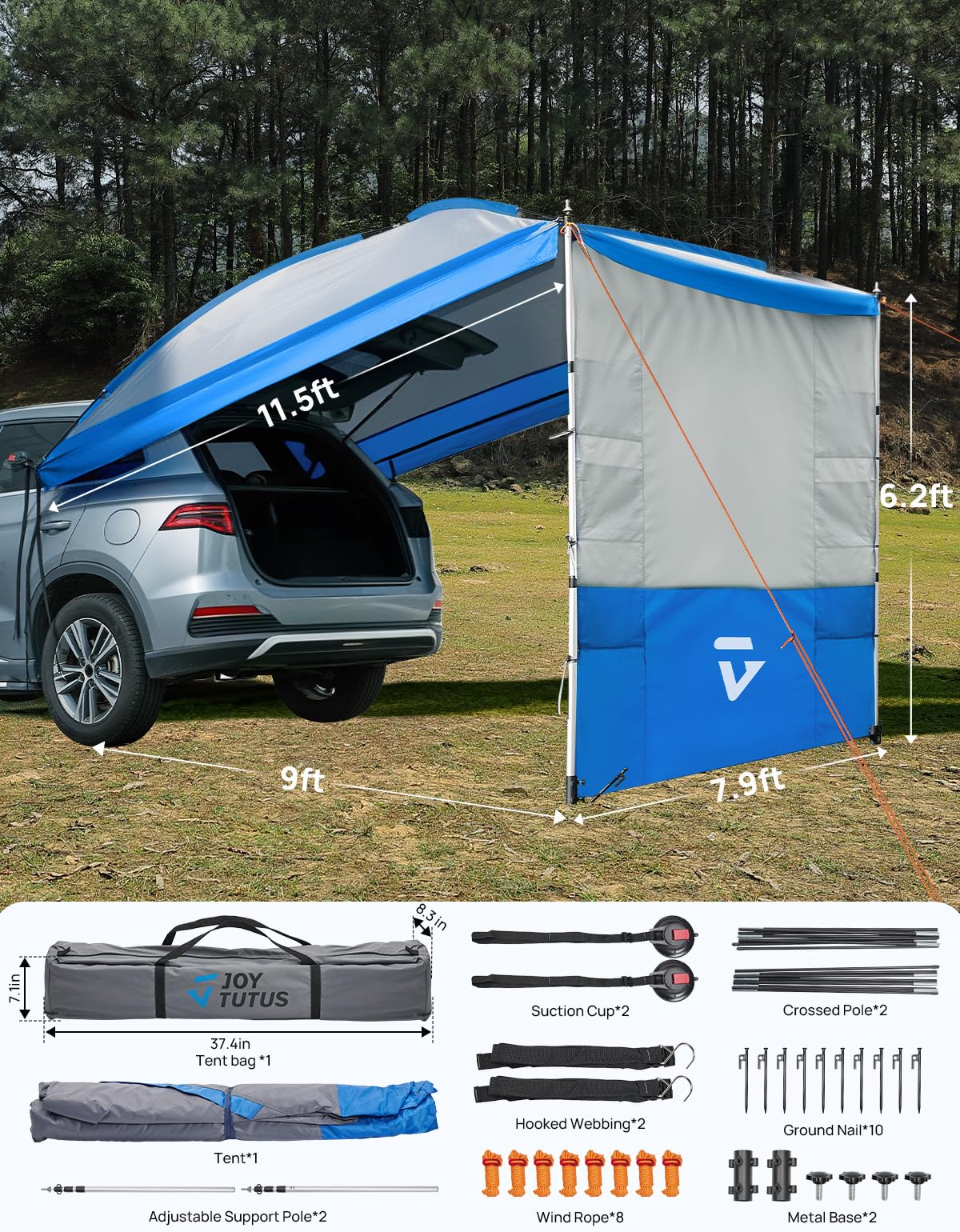 JOYTUTUS Versatile Vehicle Awning with 3 Removable Sides, Large Car Awning 11.5FT * 7.9FT, UV50+ and Waterproof PU2000mm Truck Canopy, SUV Camping Sunshade with 8 Storage Pockets, Gray Blue