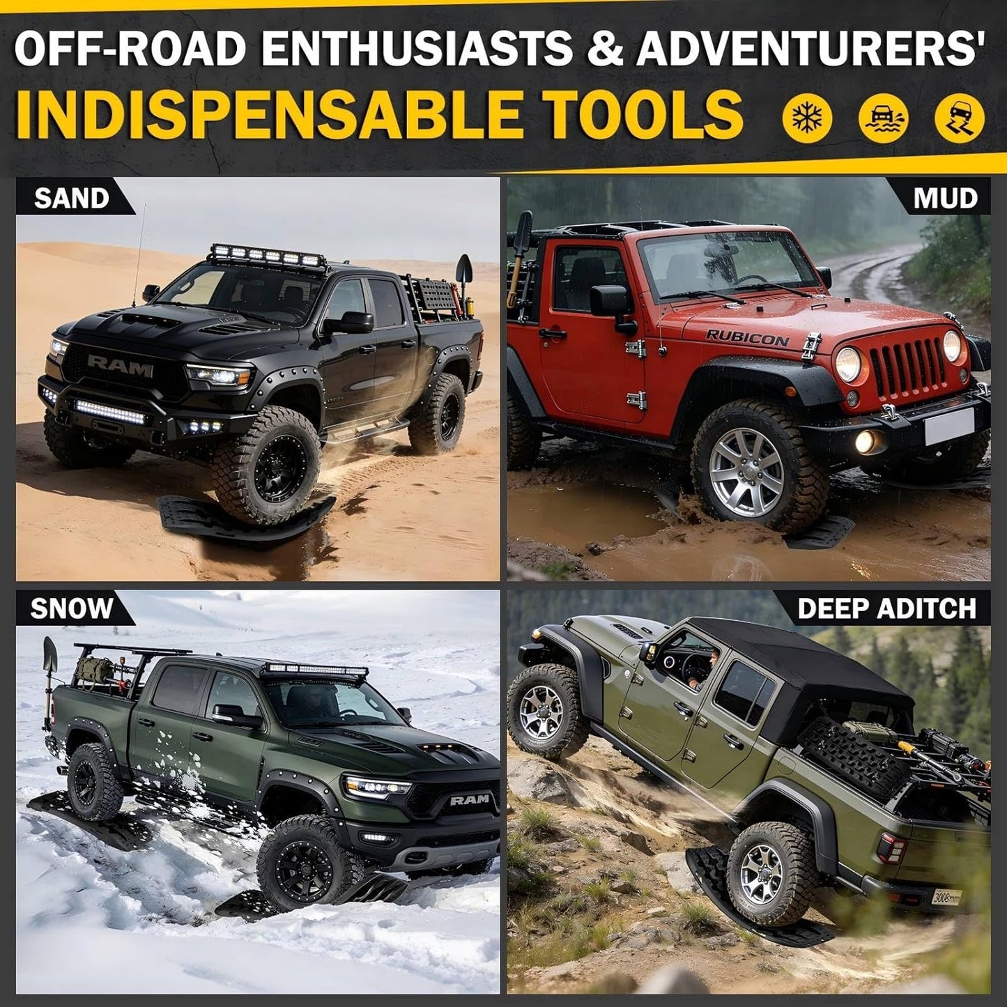 Extra Long Traction Boards+Truck Cap Clamps 6 Pack, Heavy Duty No Drill Camper Shell Mount, Anti-Loose Truck Bed Rail Clamps Fit F150 F250 Ram Silverado Tundra Titan, Secure & No Damage Installation