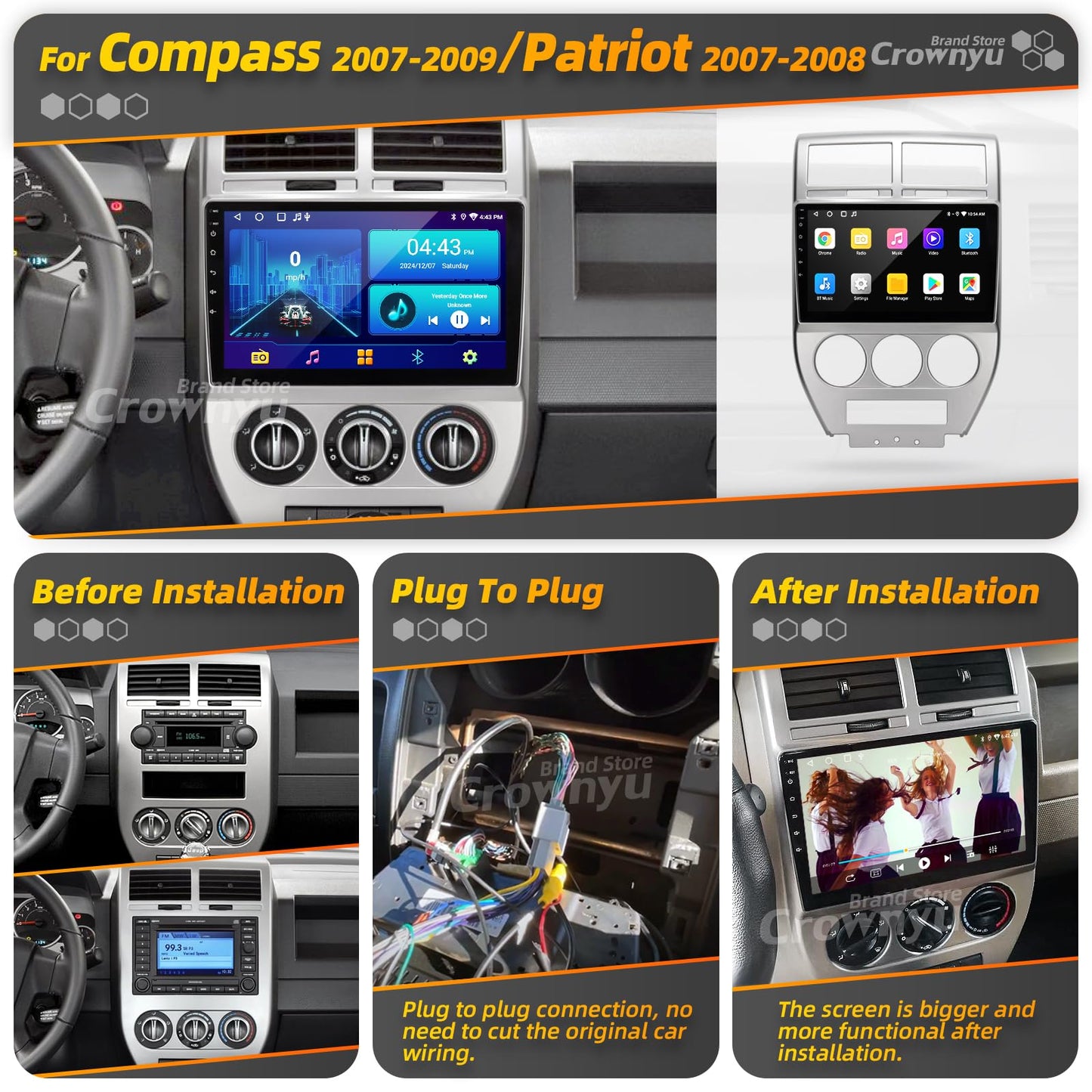 Crownyu for Jeep Patriot Compass Radio Compatible with Wirelessly Carplay Android Auto Upgrade Car Stereo Bluetooth Navigation Touchscreen GPS FM WiFi Media Player Backup Camera Head Unit (2007-2009)