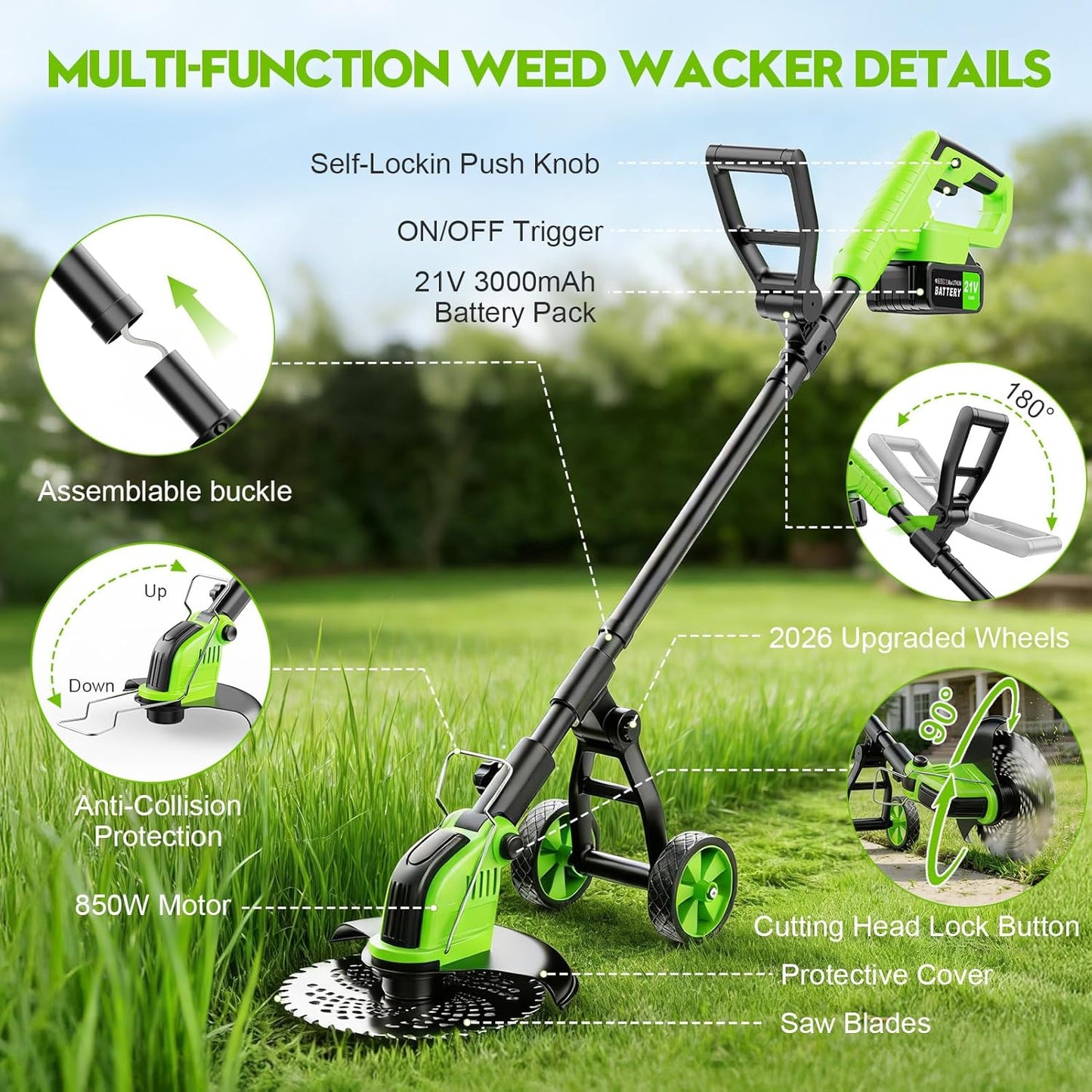 Skiennix 20000 RPM Electric Weed Wacker - Cordless 12" Brushless Grass Trimmer with 4-in-1 Functionality & 2 Batteries