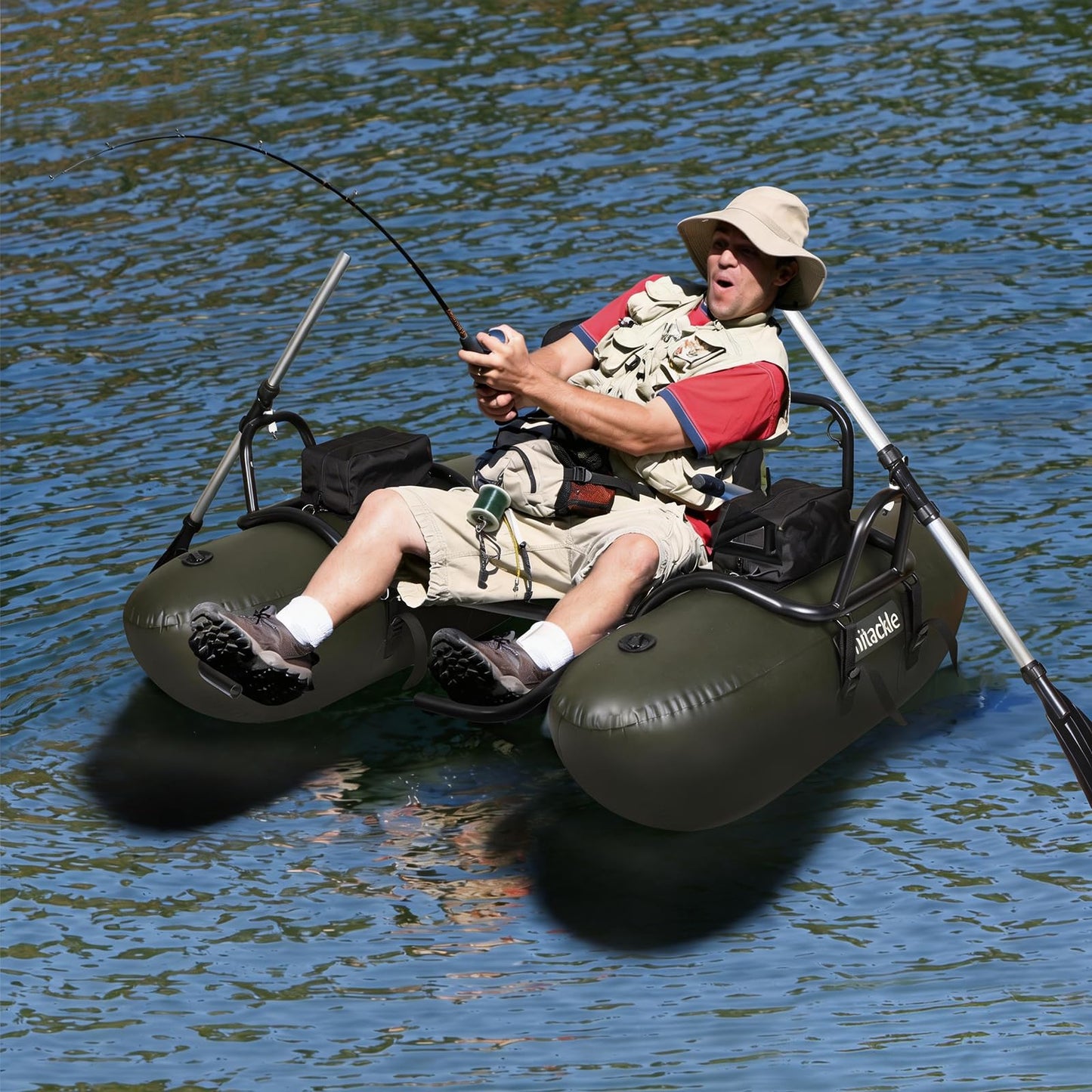 UNITACKCLE Inflatable Fishing Float Tube, Pontoon Boat with Adjustable Footrest, Folding Padded Seat, Paddles, Foot Air Pump Included, 249 LBS Load Capacity, Belly Boat Suitable for One Person Fishing
