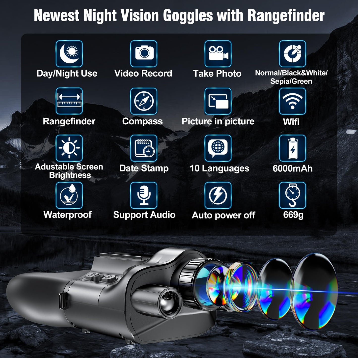 Crangcam 4K Day & Night Vision Binoculars/Goggles with Rangefinder & Compass, 6000mAh Rechargeable, 32GB TF Card, 5X Zoom & 42mm Lens for Hunting Camping Hiking