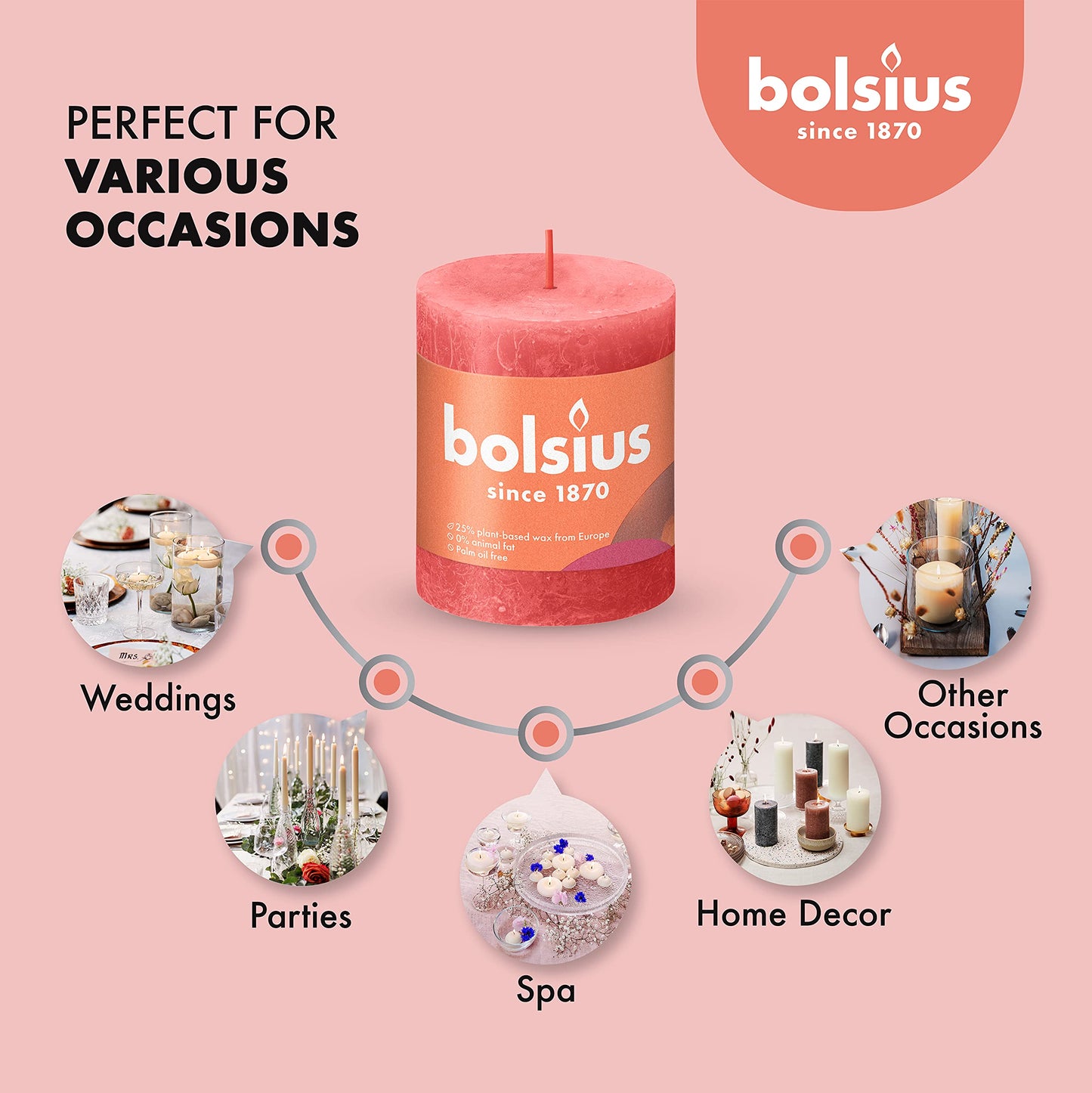 BOLSIUS 4 Pack Blossom Pink Rustic Pillar Candles - 2.75 X 3.25 Inches - Premium European Quality - Includes Natural Plant-Based Wax - Unscented Dripless Smokeless 35 Hour Party Décor Candles