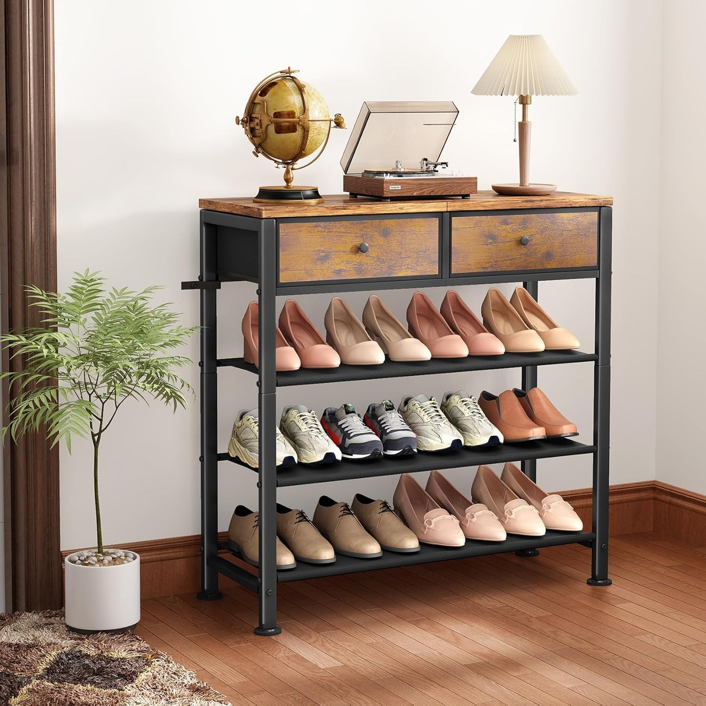 Kitstorack Shoe Rack - 4-Tier Organizer for 9-12 Pairs with 2 Drawers & Wooden Top | Rustic Brown