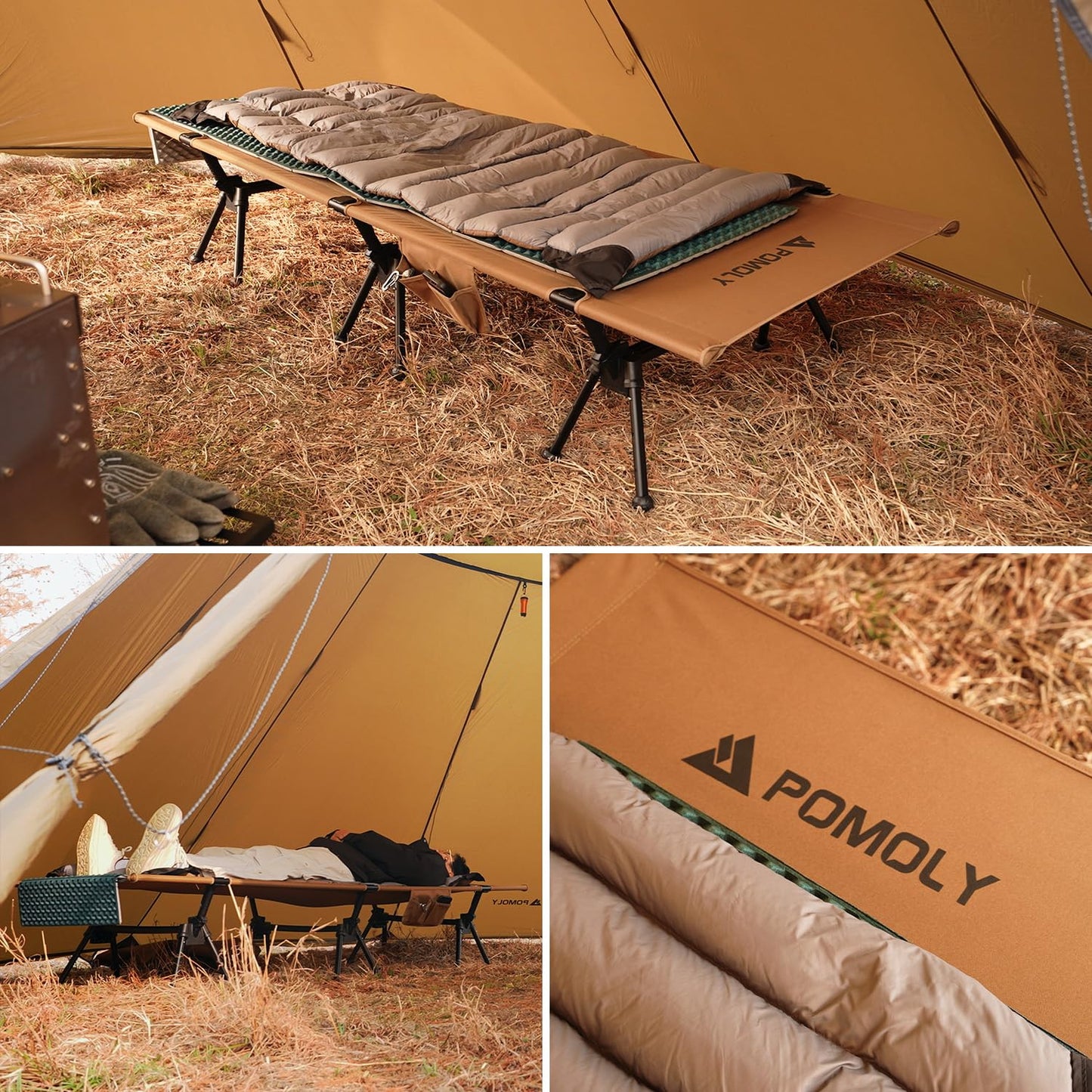 POMOLY Lightweight Camping Cot, 3-Level Height Adjustable Folding Bed for Adults, Portable Outdoor Heavy-Duty Reinforced Legs, 400 lbs Capacity, Military Army Ultralight Backpacking Hunting