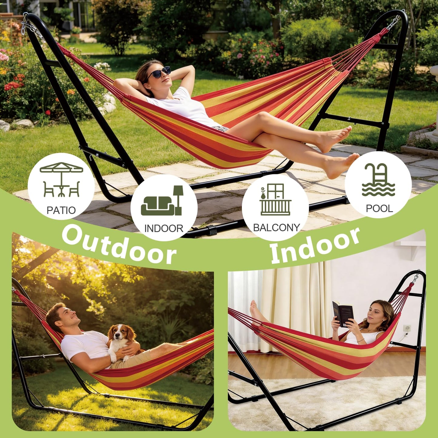 UEAKPIC Double Heavy Duty Steel Hammock Stand Only, 550 Pound Capacity, Portable, Easy Assembly, Adjustable for Indoor, Yard, Camping, or Outdoor, Patio LBS(Black)