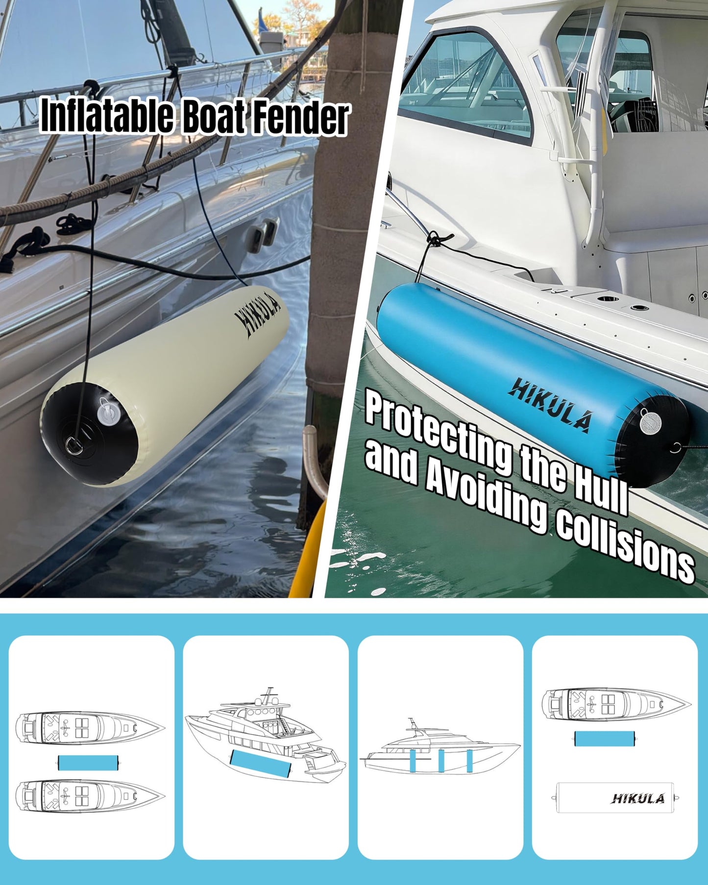 HIKULA Inflatable Boat Fenders - Boat Dock Bumpers, 6FT/10FT Heavy Duty Dock Fender with Storage Bag, 12V High Flow Air Pump, Pontoon Boat Fender for Tying up Fishing Boats, Jet Skis, Yachts