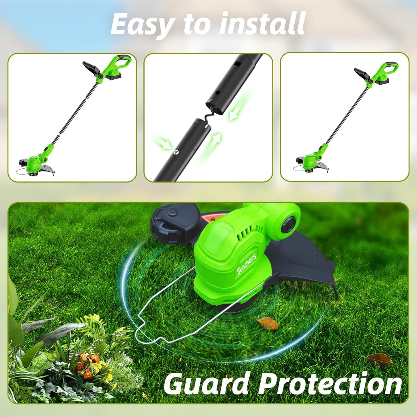 SUNCHERS 20V Cordless String Trimmer - 12-Inch Lawn Edger with Auto Line Feed & 2 Batteries | Green
