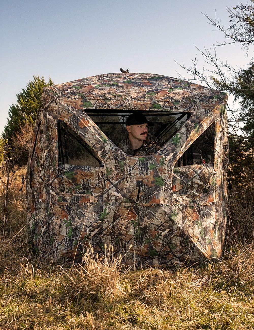 TIDEWE Hunting Blind 360°See Through with Large Open Door, Pop Up Ground Blind with Removable Curtain & Carrying Bag, Portable Resilient Tent(Forest Fade Camo, 2-3 Person, 4-Sided Swing Door)