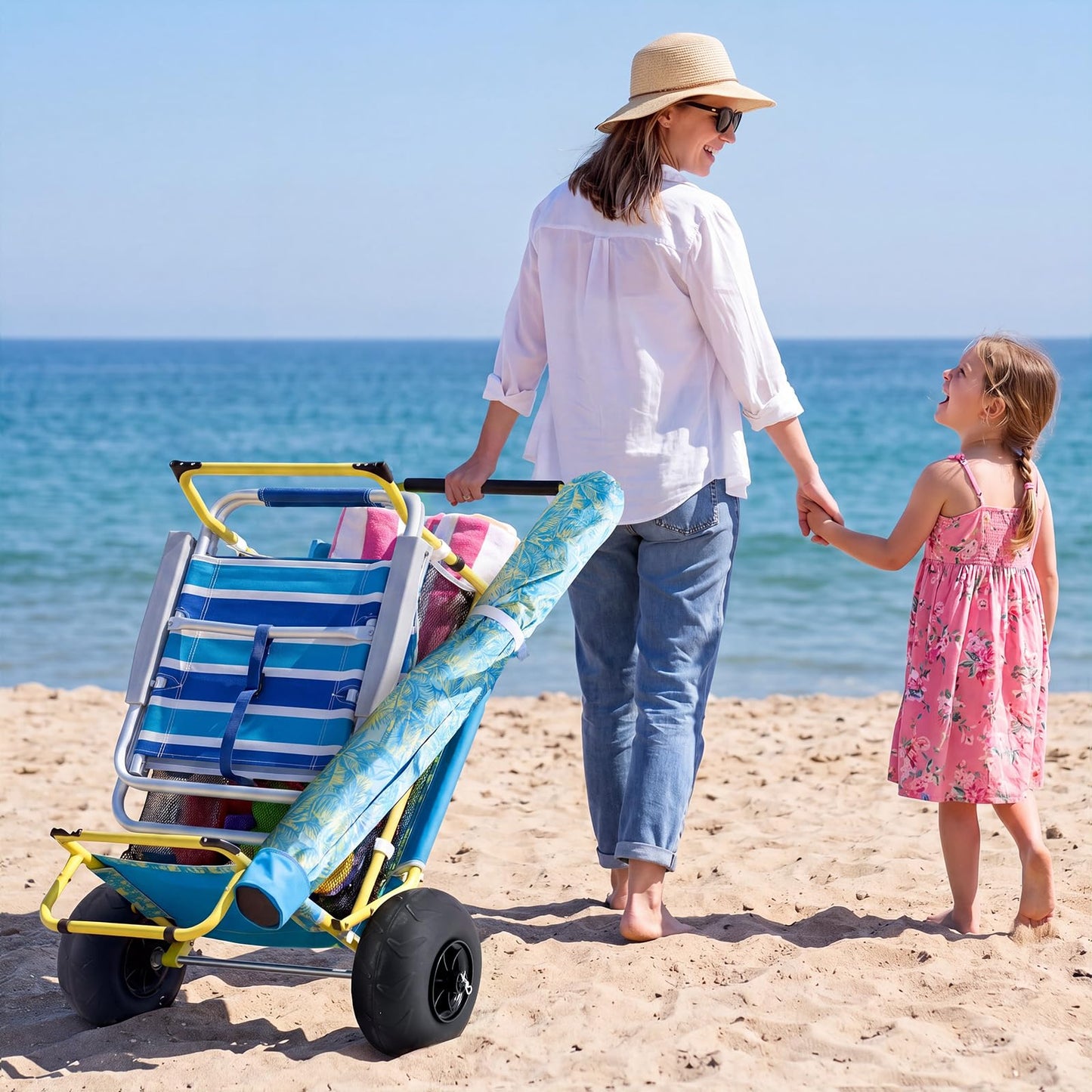 2-in-1 Beach Cart with Big Balloon Wheels for Sand, Folding Utility Wagon with Chair Holder, Cooler Bag, Mesh Storage, 4 Cup Holders, Umbrella Rack, Supports 100 lbs, Ideal for Beach, Camping, Picnic