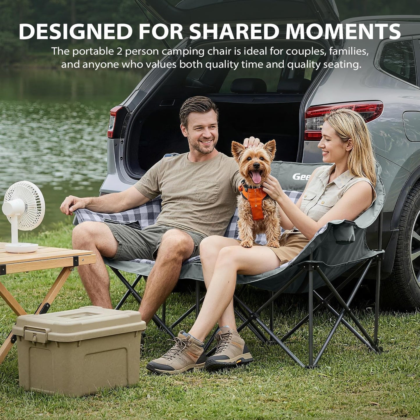 GEERTOP Double Camping Chair for Adults Comfort Suede Padded Loveseat Heavy Duty Oversized 2 Person Camp Chair Sofa with Cup Holders for Outdoor Backyard Lawn BBQ Festival