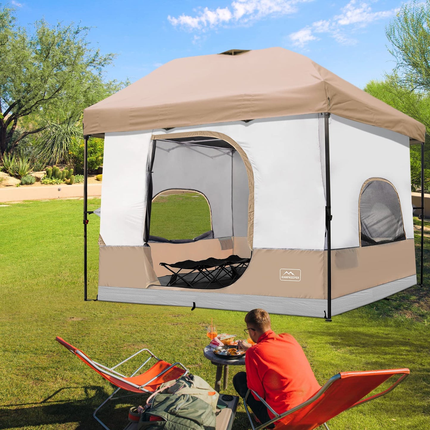 KAMPKEEPER Camping Inner Tent for Pop Up Canopy, Converts 10'x10' Straight Leg Canopy into Camping Tent–Fully Vented Roof(Top & Frame NOT Included) (Khaki, Classic)