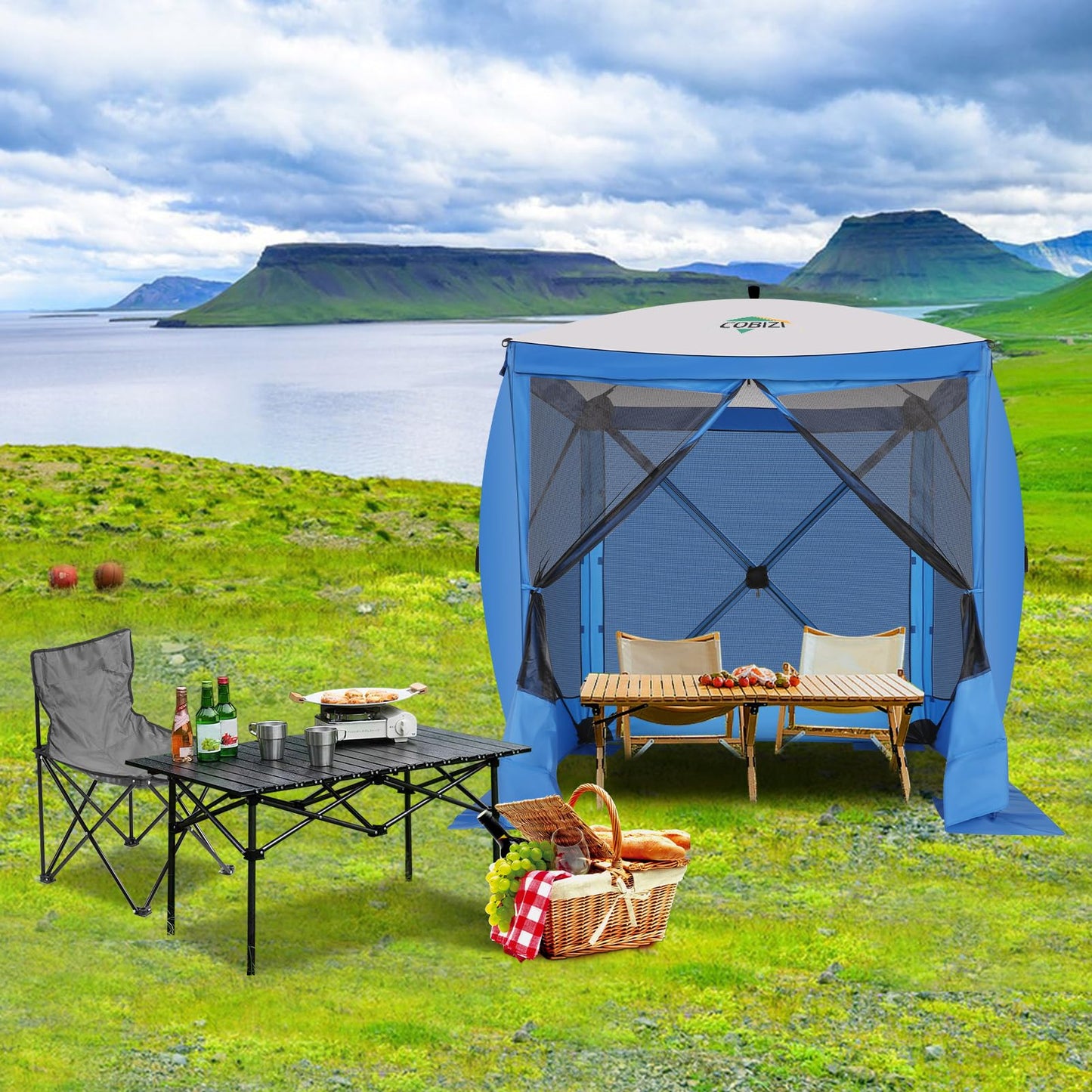 COBIZI 6x6 FT Pop up Gazebo Tent, Screen Tent with Sidewalls, Waterproof Portable Outdoor Small Screen Tents Sun Shelter, Carpas para Patio for Outdoor Camping, Backyard and Garden, Blue