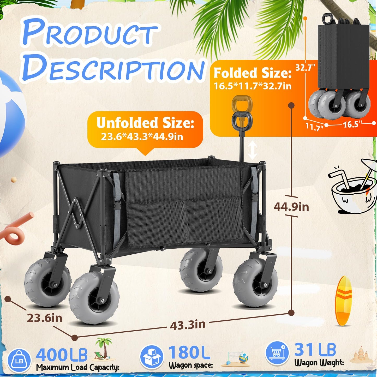 Beach Wagon with Big Wheels for Sand Heavy Duty Collapsible Wagon with 9" All Terrain Inflatable Tires, Foldable Beach Cart for Camping Outdoor Grocery Shopping Garden Sports