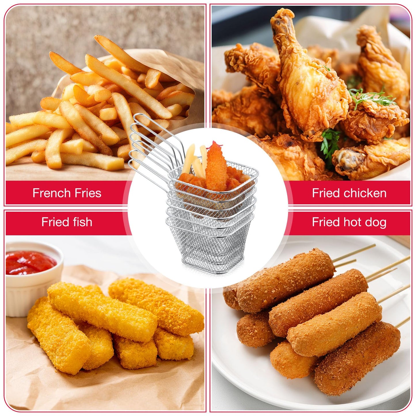Potchen 96 Pcs Mini Square Fry Basket Stainless Steel French Fries Holder Deep Fryer Baskets Square Mesh Food Holder with Handle Table Serving Chips Baskets for Kitchen Restaurant Barbecue (Sliver)