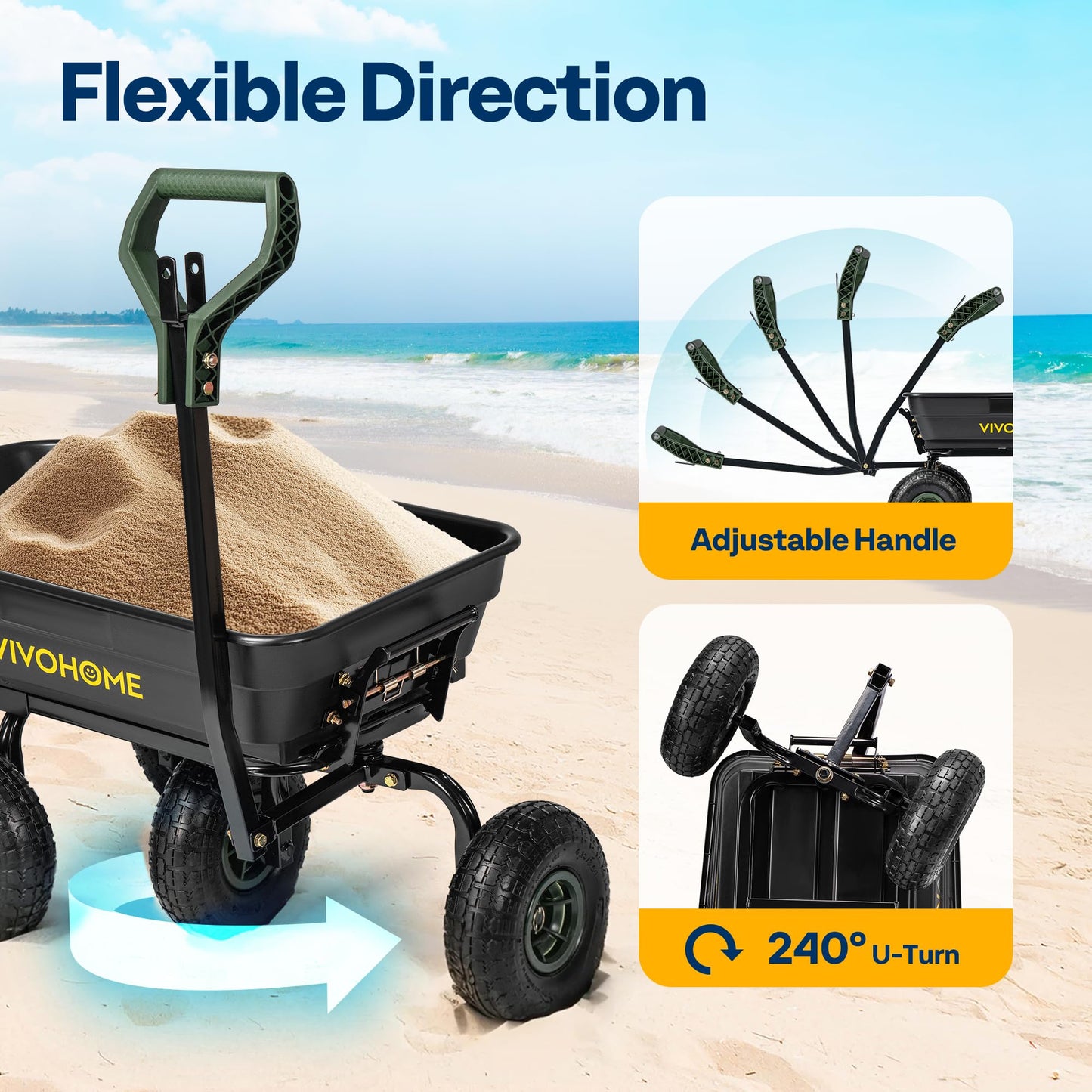 VIVOHOME 4 Cu.Ft 660lbs Wheelbarrow Garden Cart Dump Wagon with 2-in-1 Convertible Handle Attach to ATV or Tractor, 10" All Terrain Wheels, Quick Release System, Heavy Duty Utility Trailer for Yard