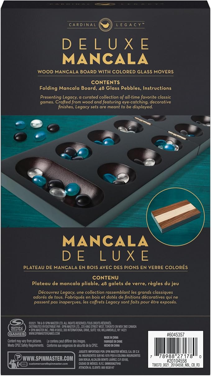 Spin Master Games Legacy Deluxe Mancala Classic Game with Folding Wooden Board & Colorful Glass Stones Family Game for Ages 8 & Up