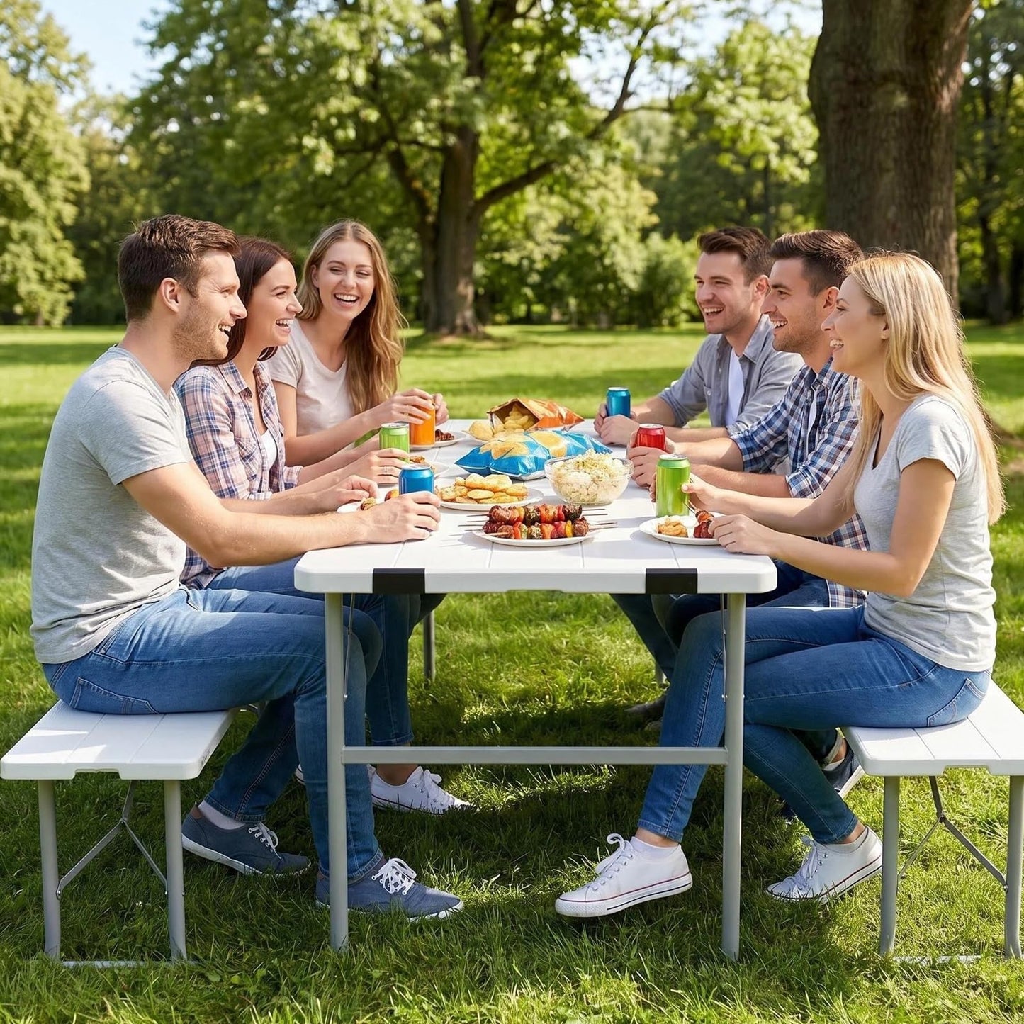 HiEthan Picnic Table Set with 2 Benches, 5FT Portable Folding Picnic Table for Indoor Outdoor, Camping Patio Dining, Heavy Duty Metal Frame, Compact Carry for Backyard, White