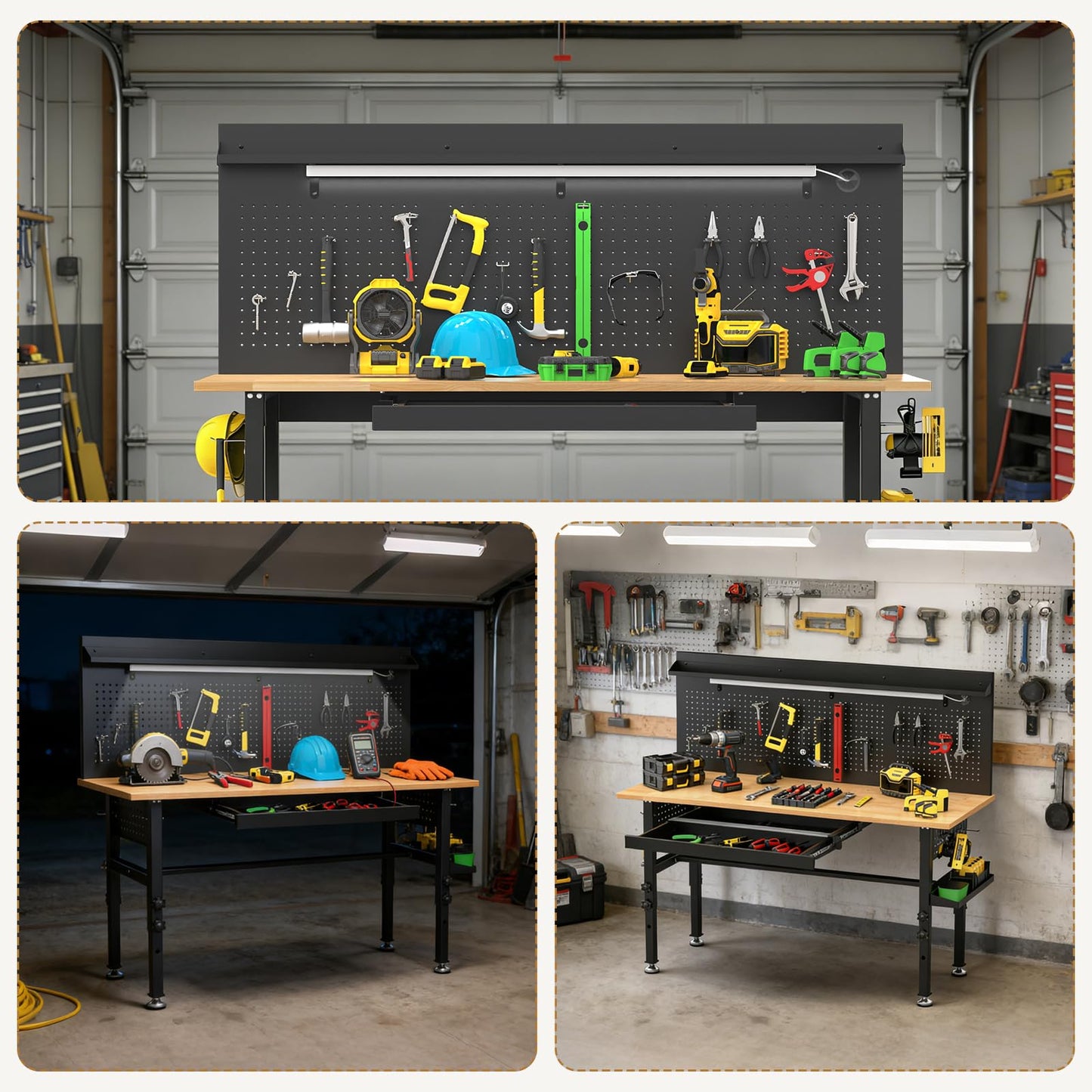 KEIKI 60 Inch Rolling Workbench with Wheels and Pegboard, Solid Wood Top Heavy Duty Steel Frame Garage Work Table with Drawers and LED Light, 2000 lbs Capacity, Adjustable Height, Black