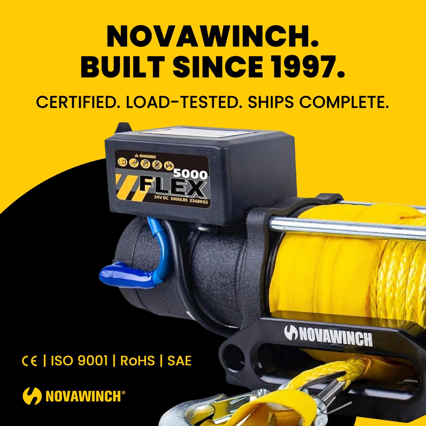 Novawinch Flex 5000 lb Trailer Winch 12V Electric - Synthetic Rope, IP68 Sealed Planetary Gearbox, Hawse Fairlead, Auto-Lock Brake, Waterproof Remote - Flatbed, Boat Trailer, Equipment Hauler, SAE