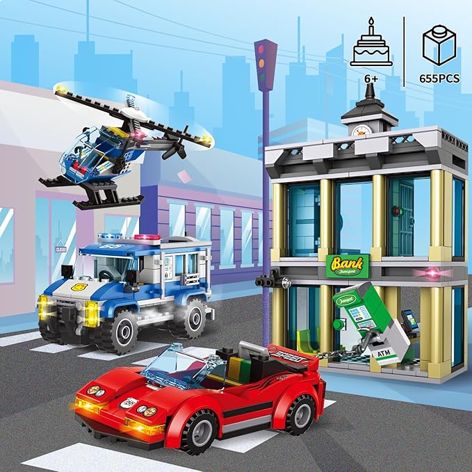 City Police Bank Building Sets Compatible with Lego Police Bank Includes Car Bank Helicopter Police Chase Building Blocks Toy Set Gift for Kids 6 Plus Years Old(655 PCS)