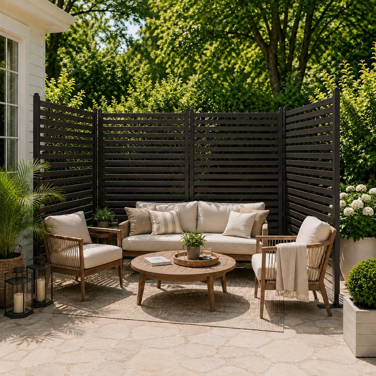 OTOSUNNY Metal Outdoor Privacy Screen with Stand, 4 ft W x 6 ft H PE-Coating Steel Pipes and Slats Panels, Decoative Privacy Screen Fence Panels Freestanding for Outside Patio Garden Backyard, Brown