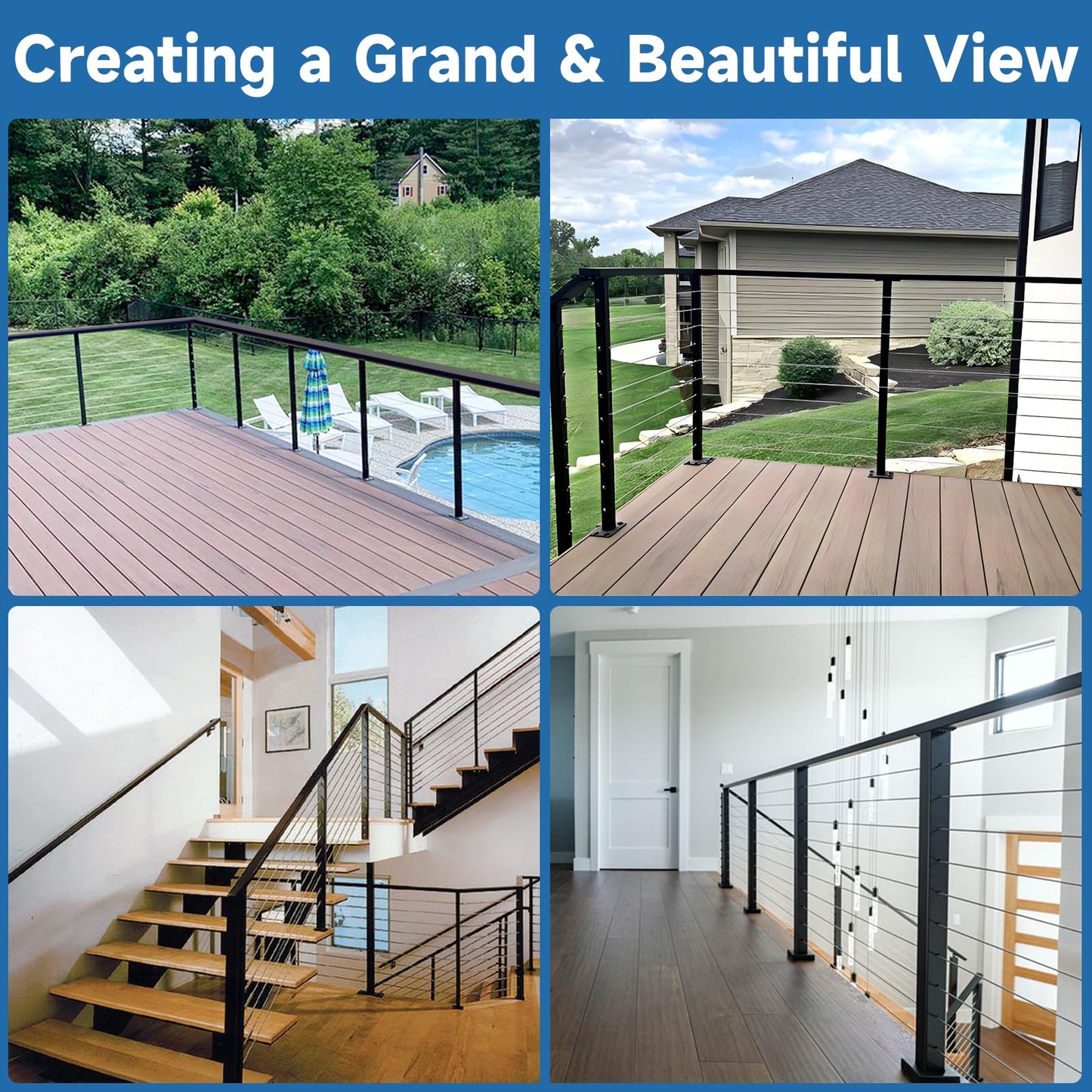 Gyykzz Black Cable Railing Post 36 Inch, 4 Pack Level Drilled Flat Top Railing Posts, Surface Mount T304 Stainless Steel Deck Wire Railing Posts for Indoor Outdoor Cable Railing System Kit