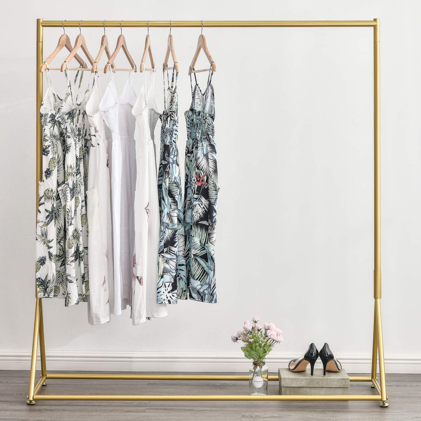 BOSURU Gold Pipe Clothing Racks Freestanding, Modern Metal Clothes Rack Heavy Duty, Easy Assemble Clothing Rack for Hanging Boutiques and Bedroom 59" L