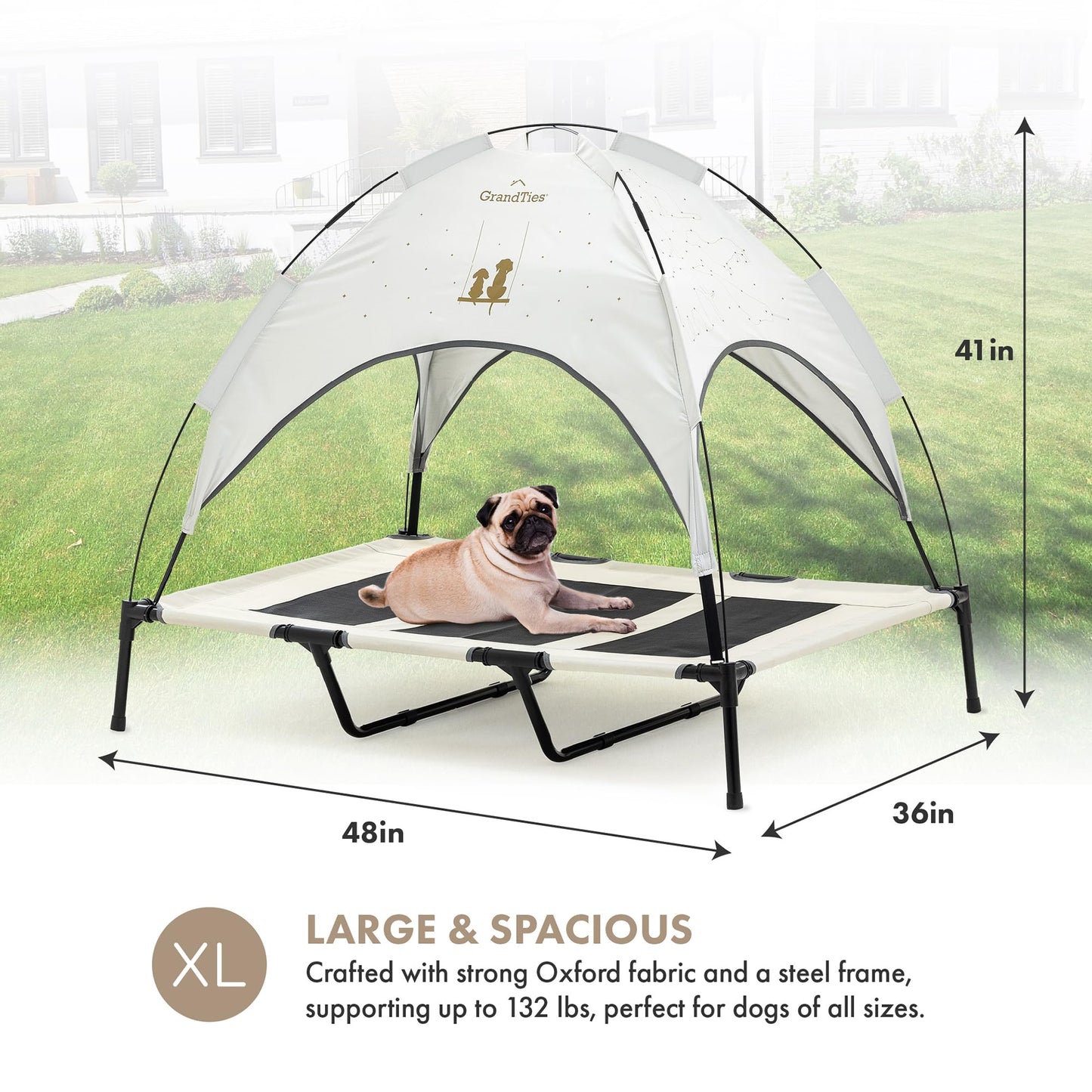 GrandTies Cooling Elevated Dog Bed with Canopy – XL Portable Pet Cot for Outdoor & Indoor Use – Waterproof Removable Shade, Breathable Mesh, Slip-Resistant Feet, Easy Assembly – Ivory White