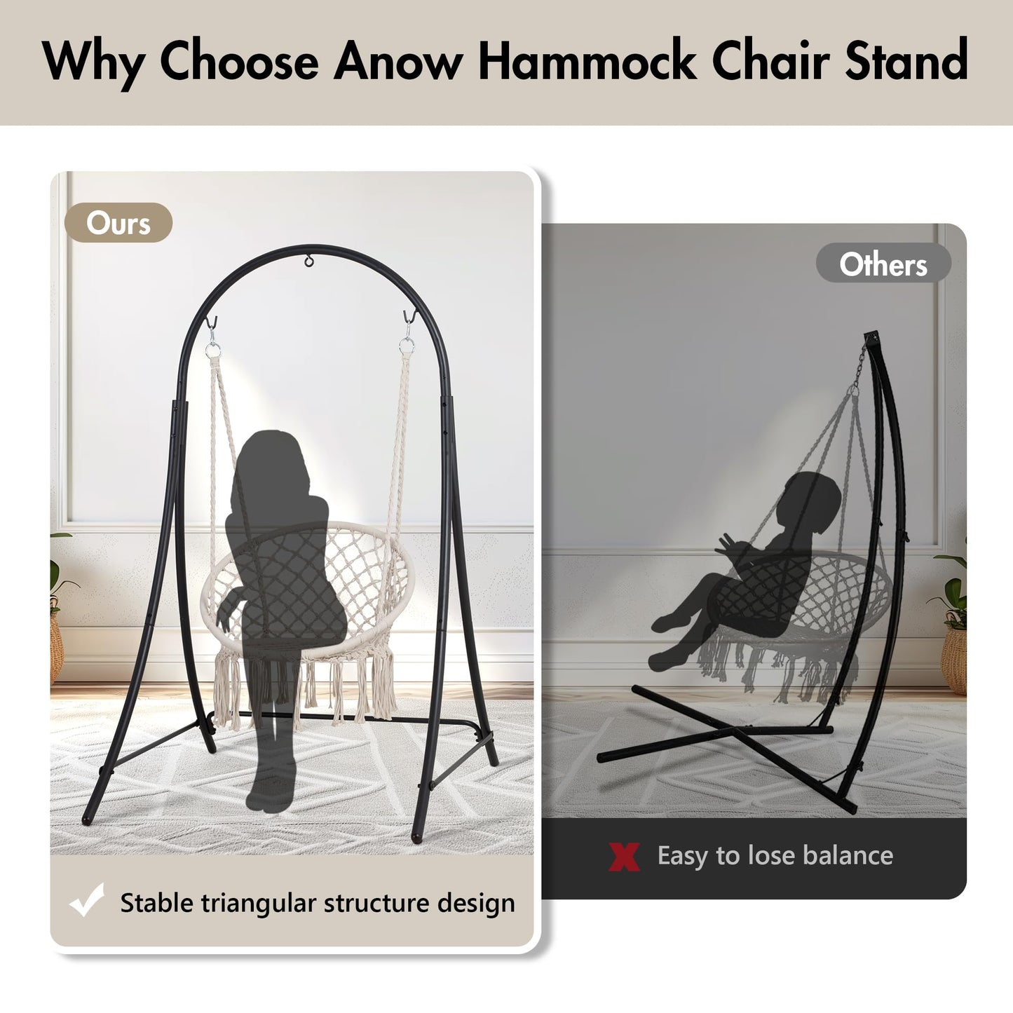 ANOW Adjustable Hammock Chair Swing Stand Only, Heavy Duty Hanging Chair Stand with Safety Hooks for Indoors Outdoors, Max 400 Lbs, Plus Size Version, Black