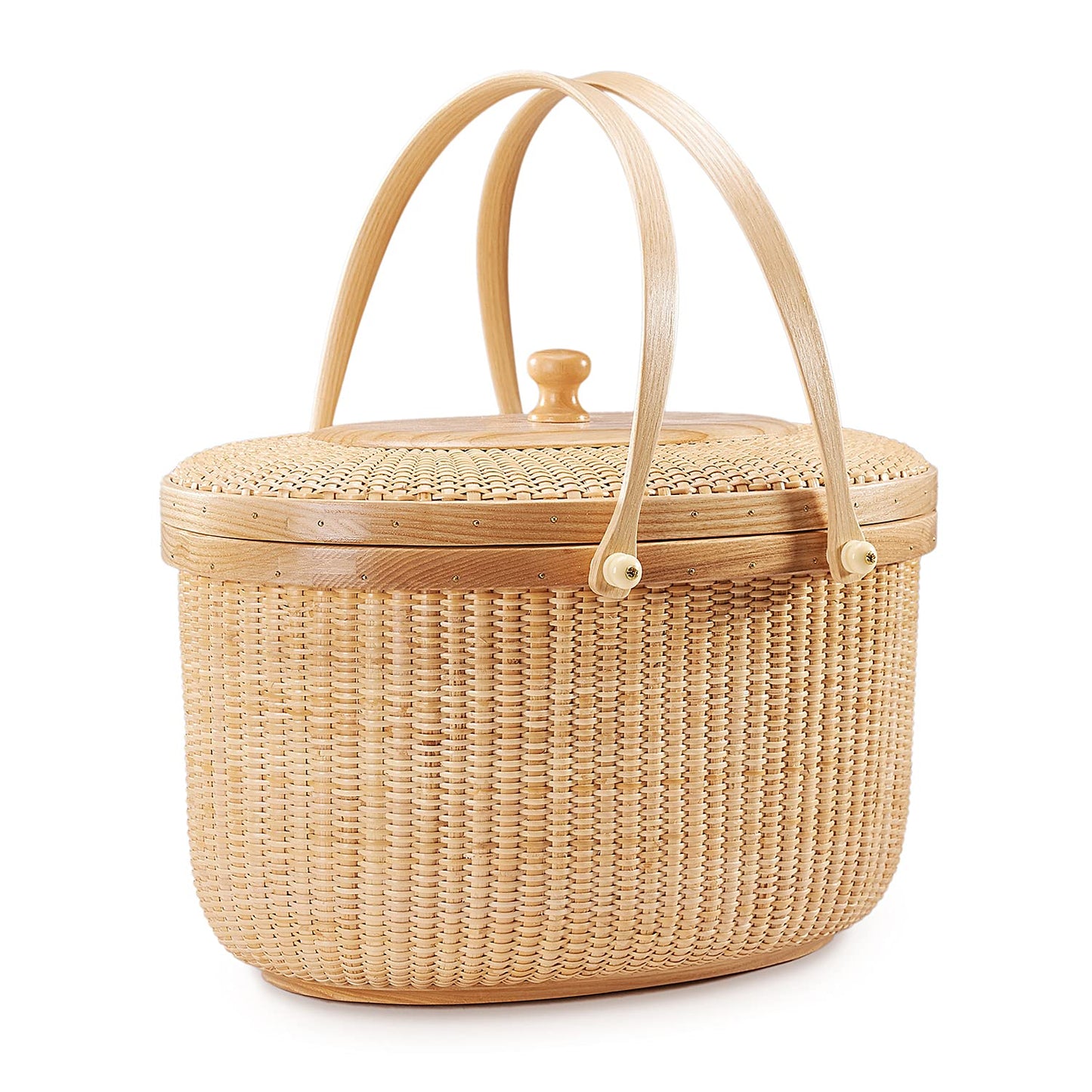 Teng Jin Nantucket Sewing Basket, Cane-on-cane Weave, Hard Ash, Oval, With Lid and Wood Handles