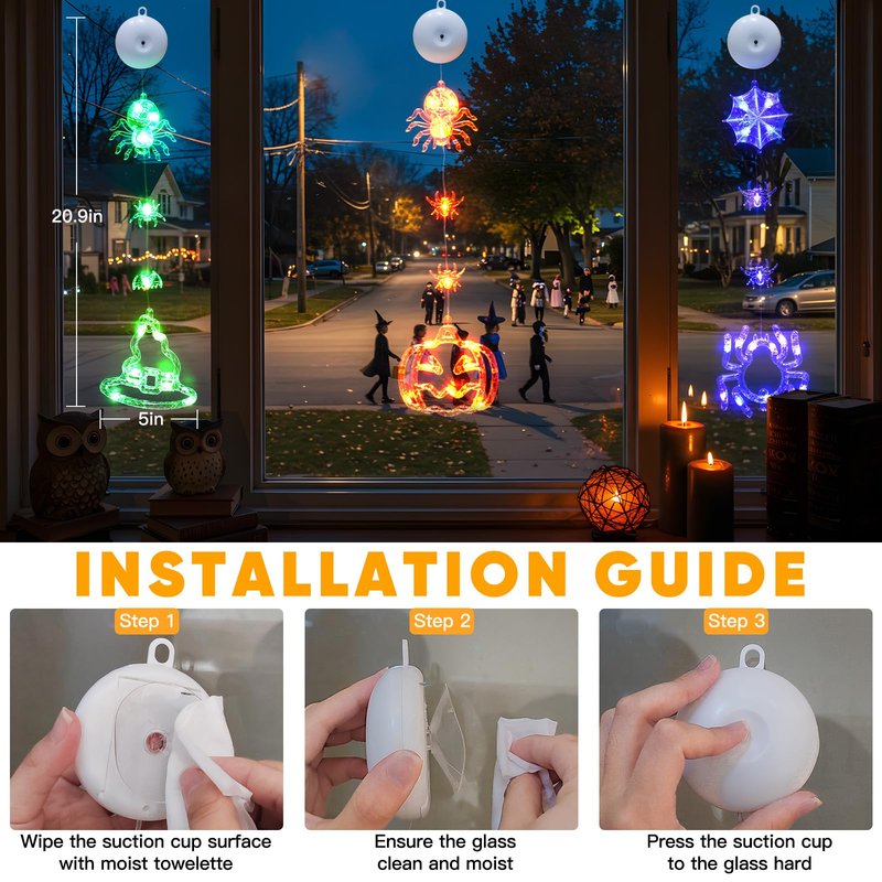 suddus 3 Pack Halloween Lights Battery Operated with Timer, Orange Pumpkin Violet Spider Green Witch Hat Halloween Decor Window Lights with Suction Cup for Home Indoor Party Decorations