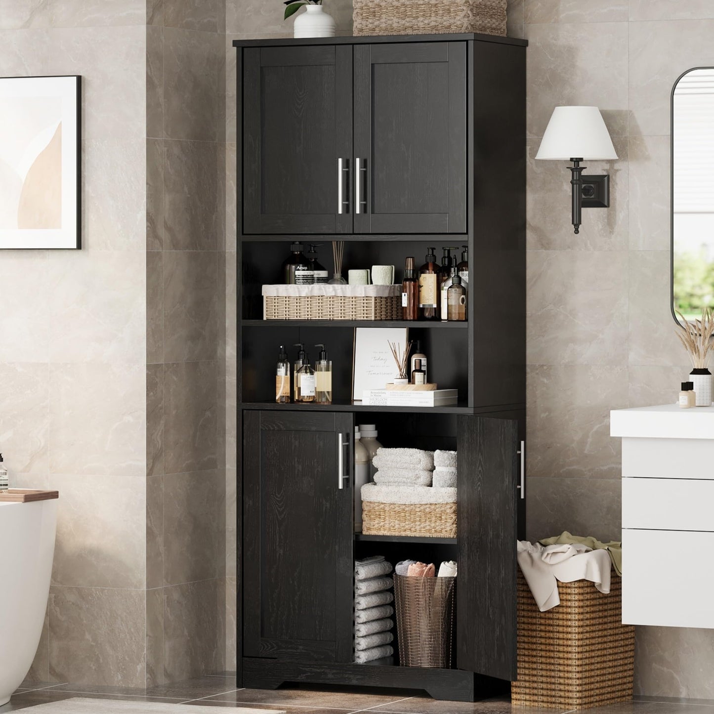 GarveeHome 72'' Tall Kitchen Pantry Cabinet, Freestanding Storage Cabinet with Doors and Shelves, Wooden Food Pantry Farmhouse Cupboard Buffet for Kitchen Dining Living Room, Black