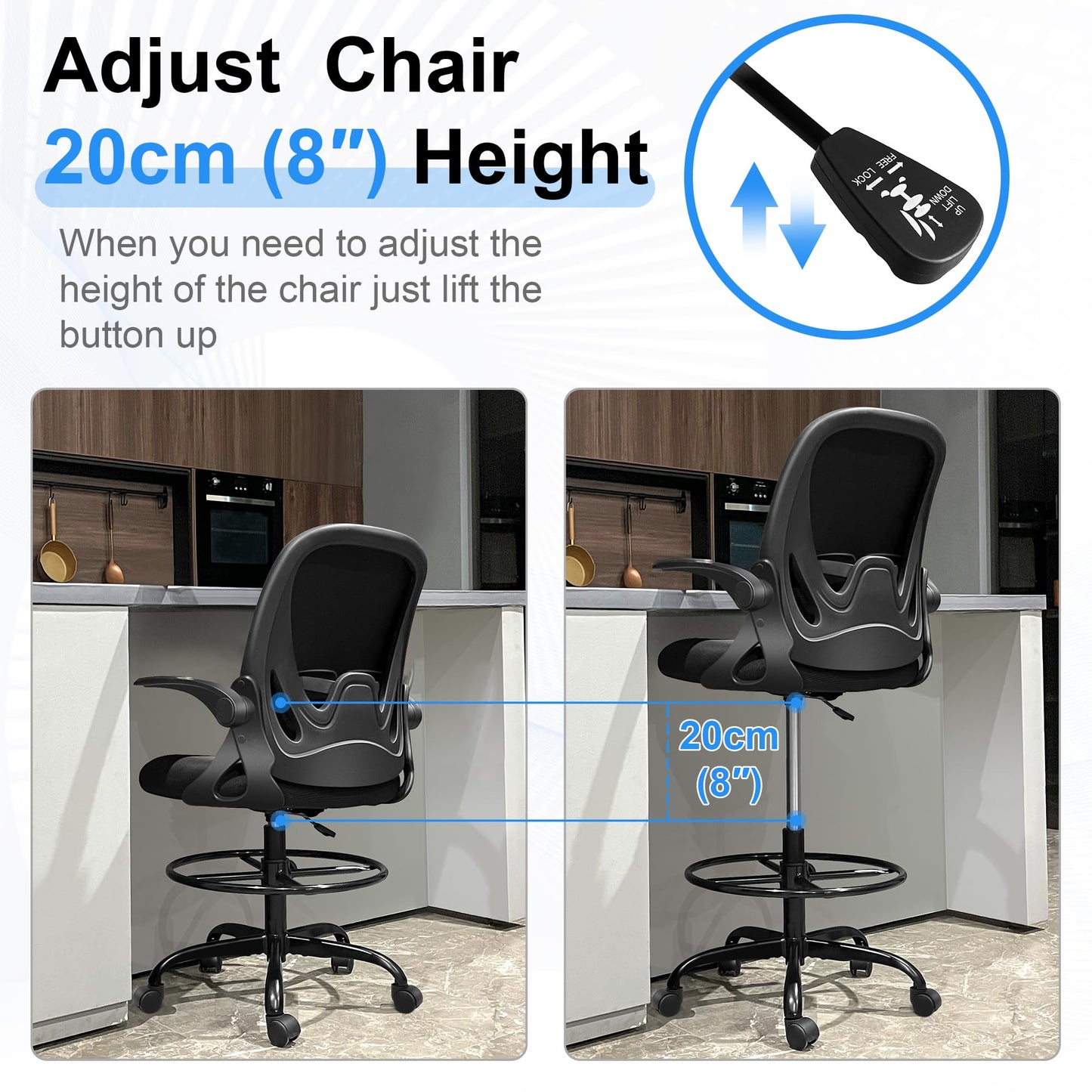 Primy Drafting Chair Tall Office Chair with Flip-up Armrests Executive Ergonomic Computer Standing Desk Chair with Lumbar Support and Adjustable Footrest Ring (Black)