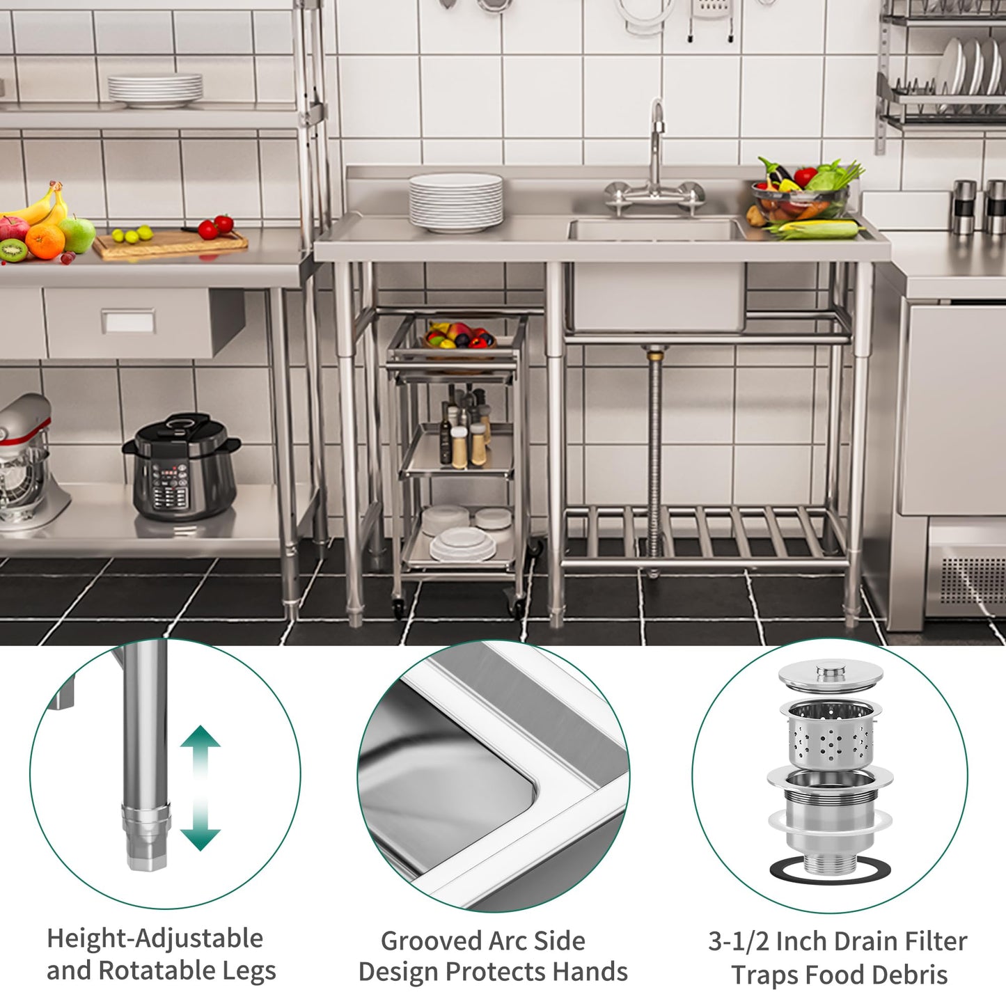 YITAHOME Stainless Steel Freestanding Utility Large Sink with 2 Drainboards & Cart Storage Space, Single Bowl NSF Commercial Prep Sink W/Storage Shelf for Restaurant, Laundry, Garage,Outdoor 50in
