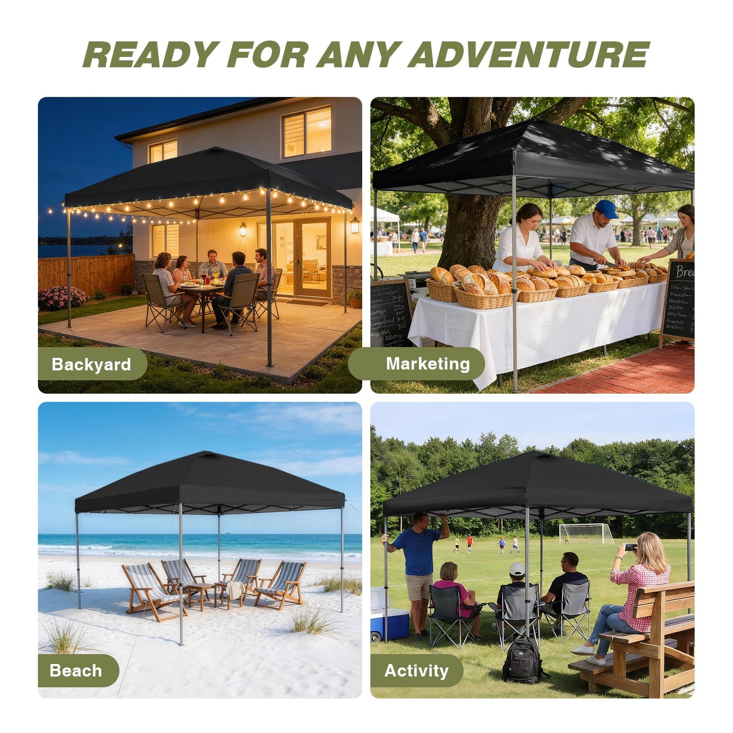 HYPER VENTURE 10x10ft Pop Up Canopy Tent with One Push Setup, Portable Outdoor Event Shelter with Rolling Carry Bag for Camping, Beach, Market, Patio (Black)
