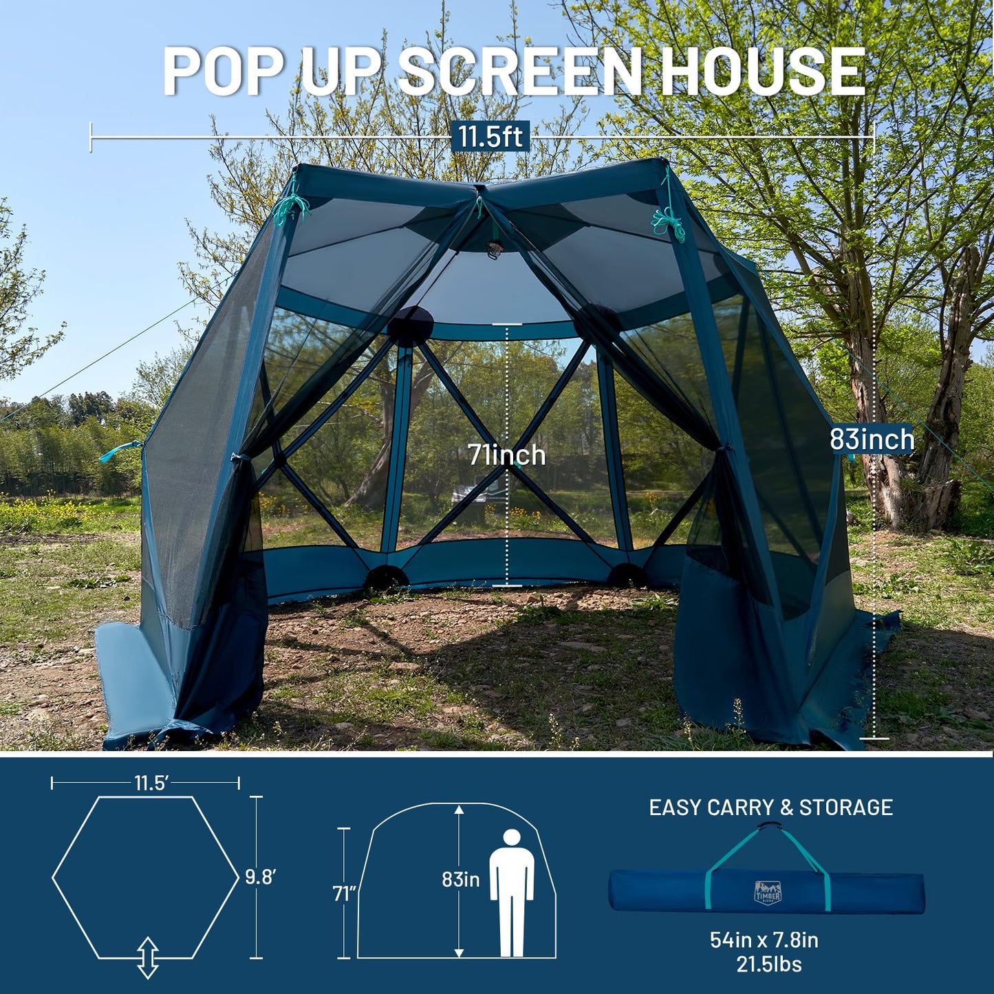 TIMBER RIDGE Easy Pop Up Gazebo Canopy Tent for Camping, 11.5 X 9.8 Ft Portable Instant Screened House, Pop Up Canopy with Netting for Backyard, Patio, Outdoor, Tailgating, Picnics, Blue