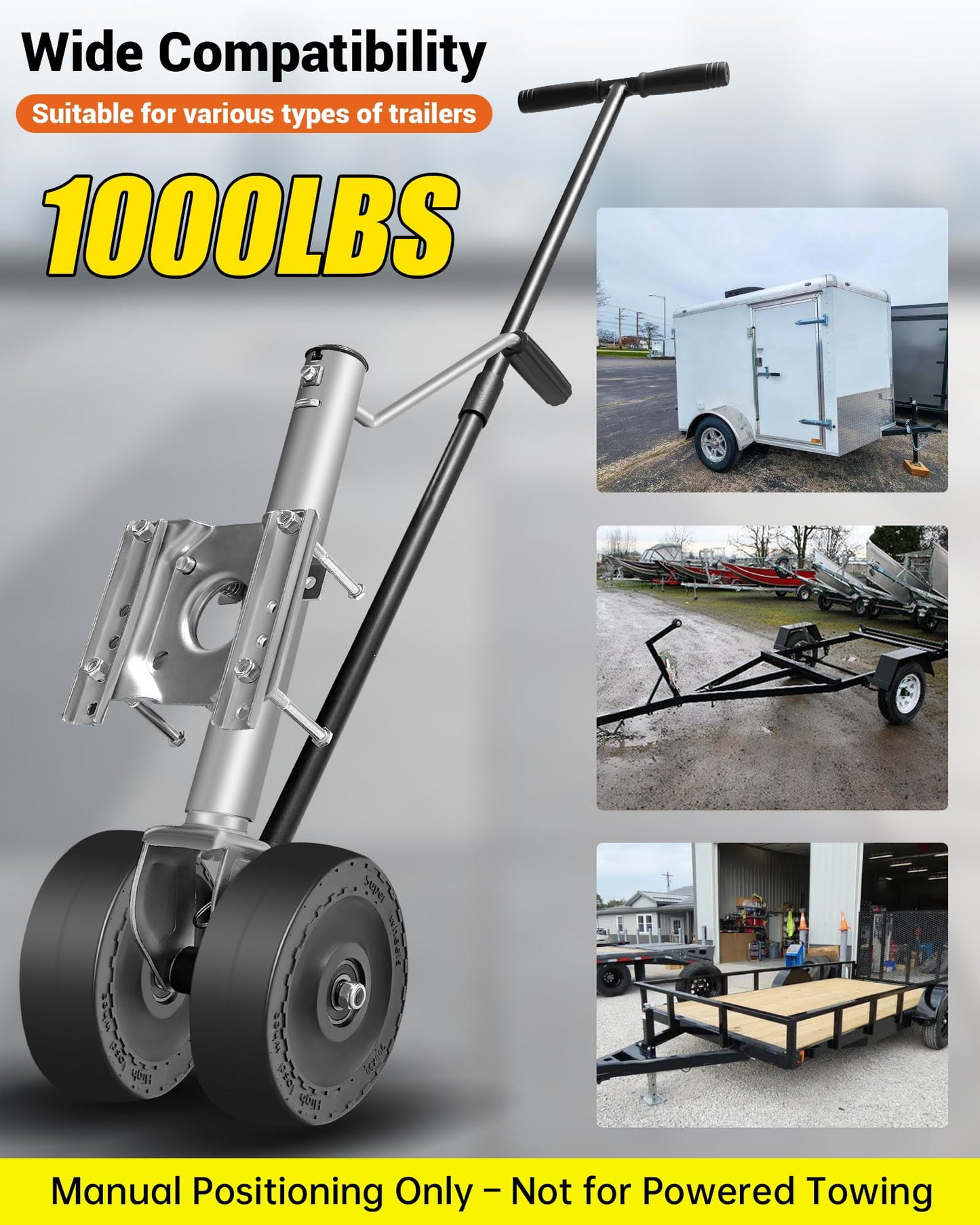 Boat Trailer Jack with Dual-Function Dolly, Two Wheel Swivel Folding Trailer Jack, Dual 8-Inch Wheels, Detachable Handle, 1,000 lbs Tongue Weight, for Garage, Driveway, Boat & Utility Trailers