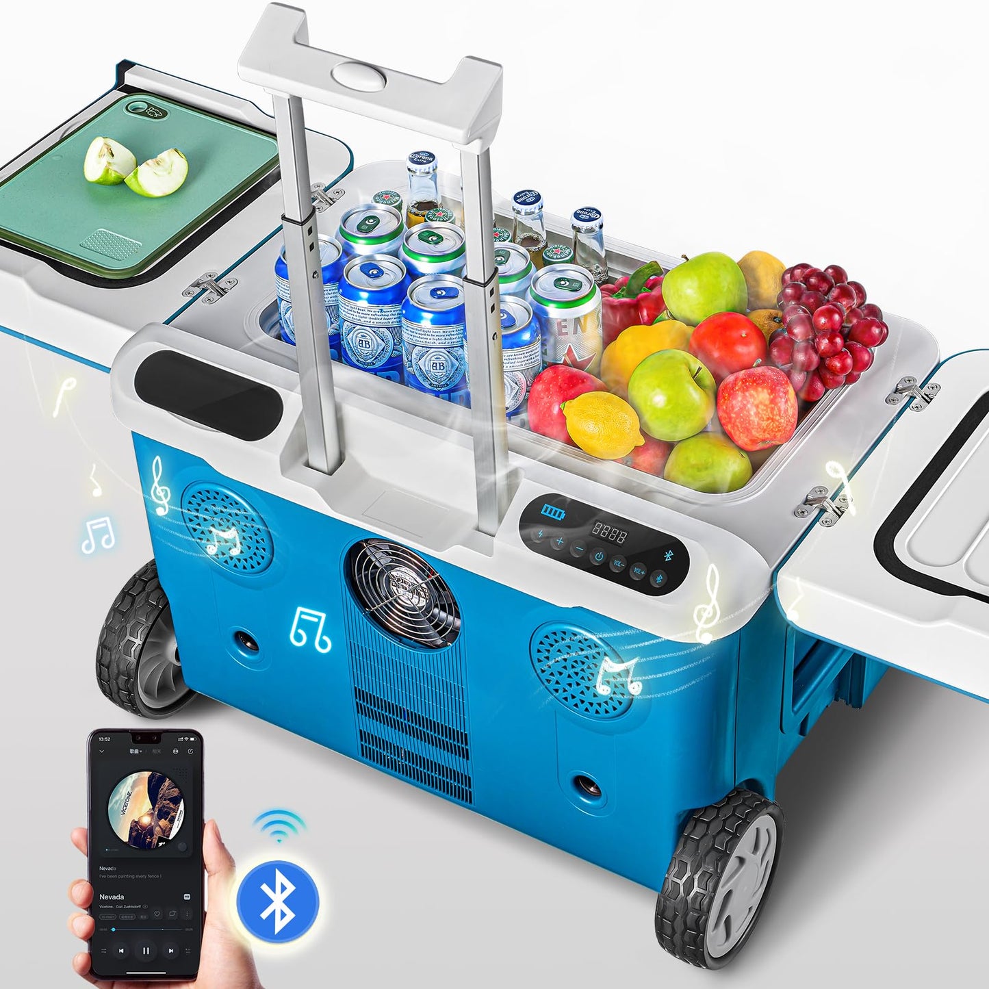 AAOBOSI Car Fridge, 40Quart(36L) Portable 12 Volt Car Refrigerator Cooler with Wheels&Bluetooth Speaker&Handle&Battery Powered, -4℉~68℉ with 12/24V DC,100-240VAC for Camping, Beach,Party,Pool