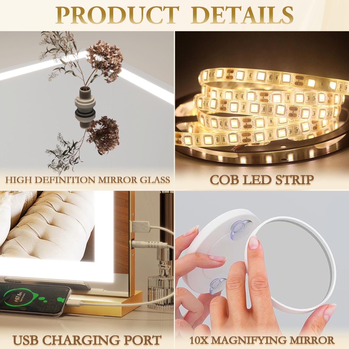 ROLOVE Vanity Mirror with Lights, 32" x 22" Large Lighted Vanity Mirror with Dimmable 3 Modes, LED Makeup Mirror, 10X Magnification, USB Charging Port, Tabletop or Wall-Mounted Square Gold