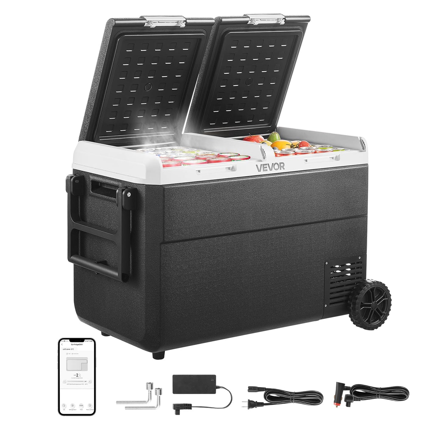 VEVOR 12 Volt Car Refrigerator, 100.4QT/95L Car Fridge, Dual Zone Portable Electric Cooler with Wheels and Handle, -4℉~68℉, 12/24V DC 100-240V AC Compressor Freezer for Outdoor, Camping, Travel, RV