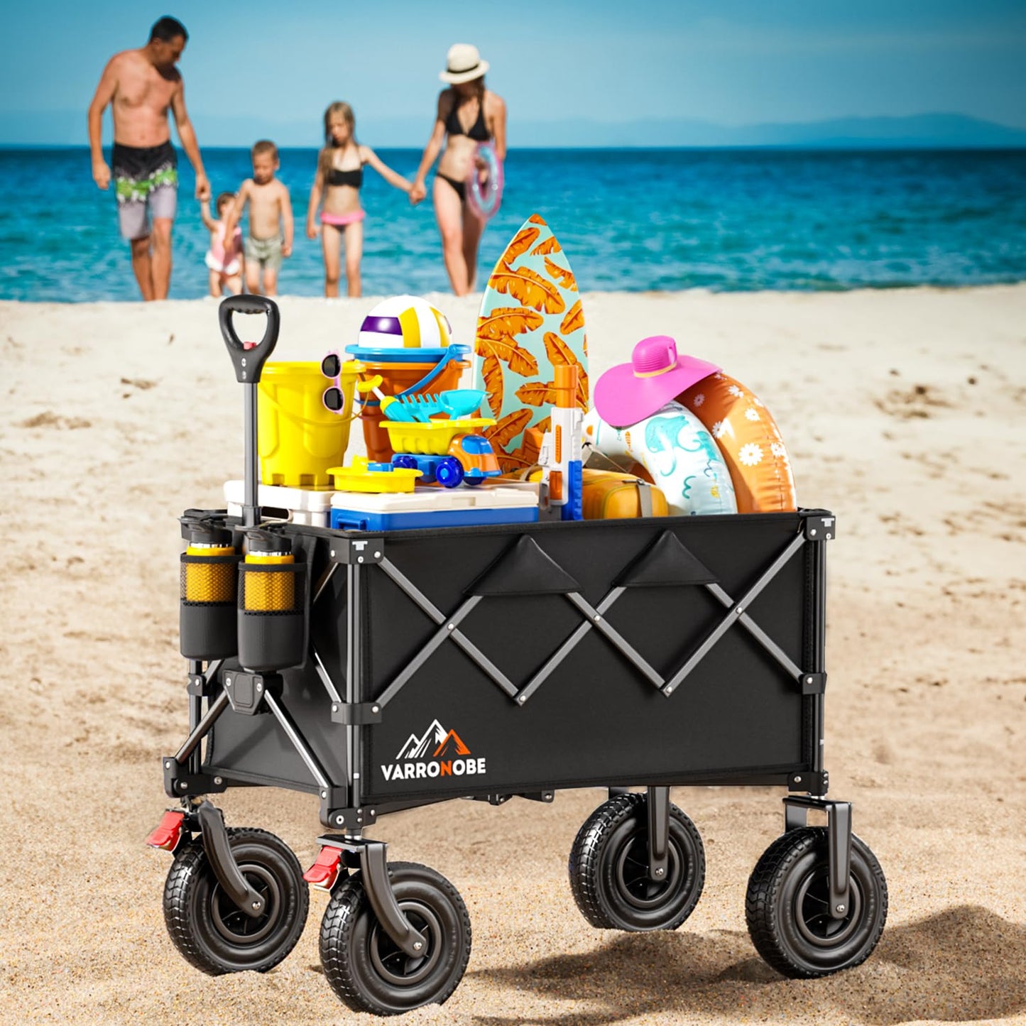 Big Rubber Wheels Beach Wagon Cart Foldable, 9x3 All-Terrain Wheels, Heavy Duty Collapsible Utility Wagon with 330lbs Capacity, 180L Storage, Compact, Easy Transport for Sand Camping Sports, Black