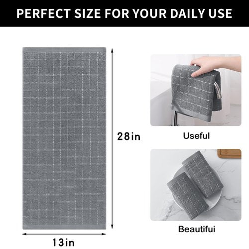 Homaxy 100% Cotton Terry Kitchen Towels(Grey, 13 x 28 inches), Checkered Designed, Soft and Super Absorbent Dish Towels, 4 Pack