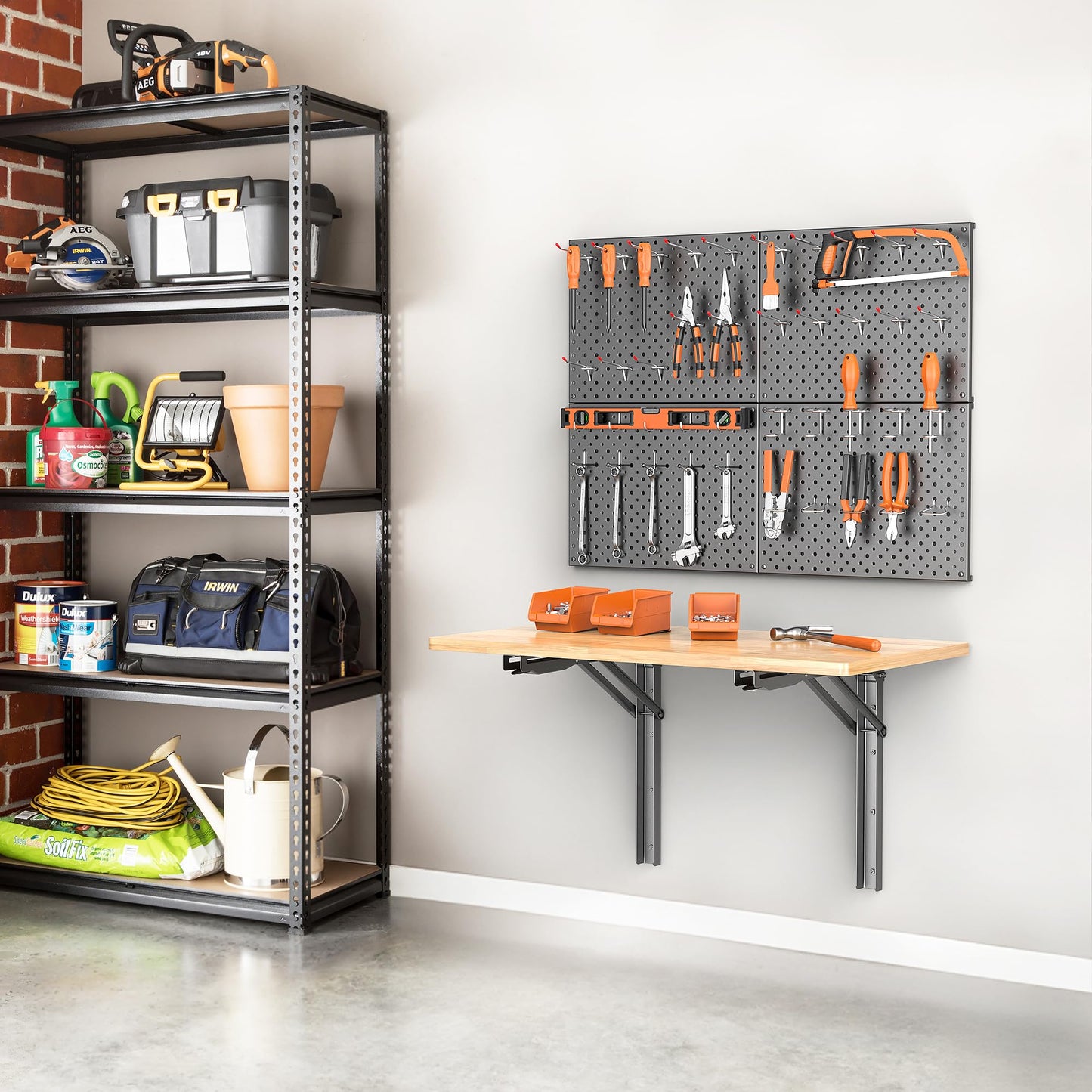 Ultrawall Heavy Duty Folding Workbench with Pegboard – Wall-Mounted Work Table for Garage & Workshop with Accessories