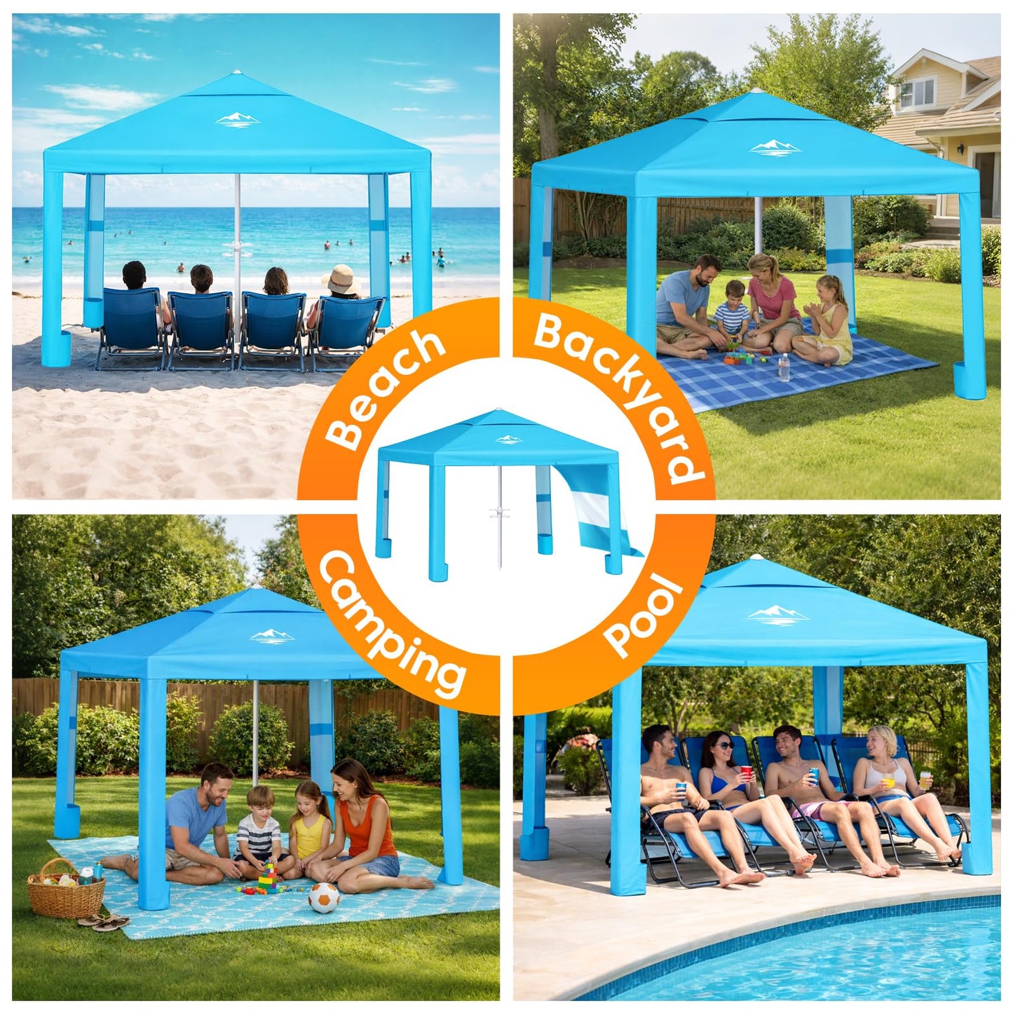 Purebox Beach Tent Shade Canopy - 8 * 8FT UPF50+ Beach Umbrella Sun Shelter 3Min Setup for 8 Person Cabana Tent with Sand Pockets Removable Side Walls Instant Sun Shade for Family, Camping, Fishing