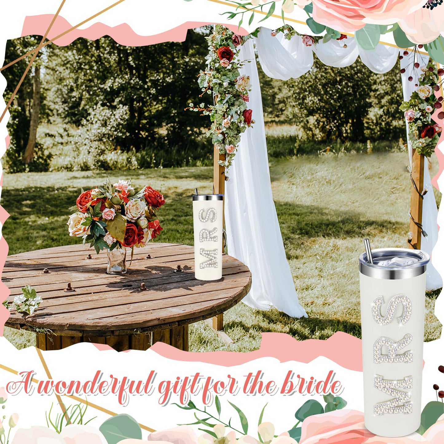 Zhehao Bride Cups Tumbler 20 oz Bachelorette Gift for Bride Tumblers Stainless Steel Mrs Cup with Lid Straw Bridal Gifts Mrs Water Bottle for Bridal Shower Engagement Party(White,Pearl)