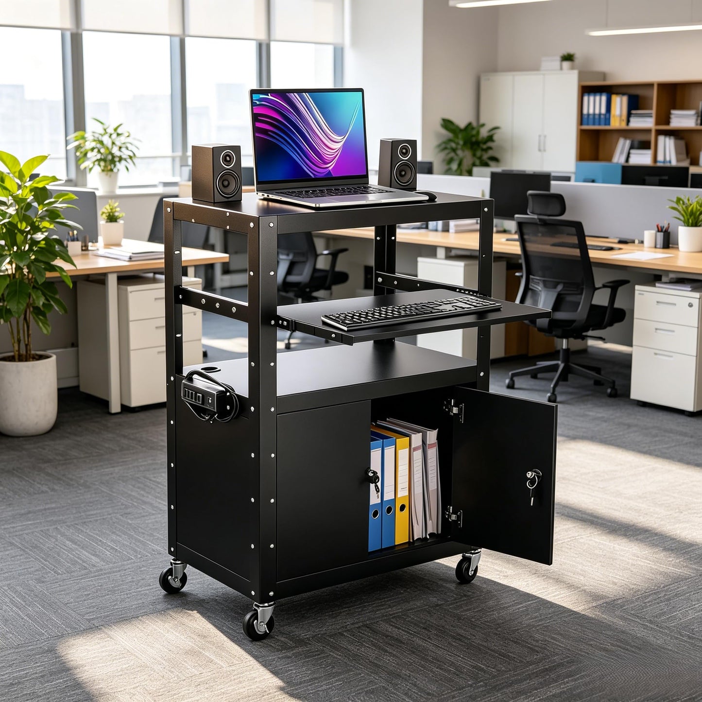 GarveeLife Portable AV Cart with Locking Storage Cabinet, Adjustable Laptop Stand & Drop Leaves, Rolling Workstation with Power Outlets for Classroom, Office, or Home Use