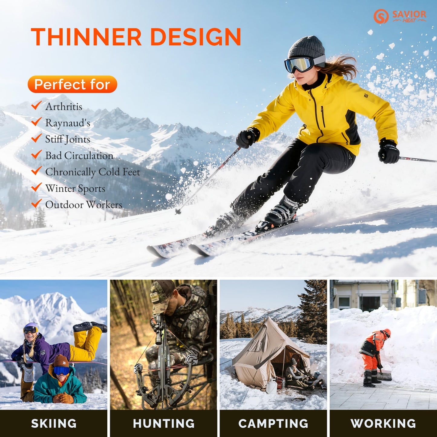 SAVIOR HEAT Heated Socks for Men Women, App Control Merino Wool, 7.4V Rechargeable Electric Battery Ski Socks, Smart Safety 3 Heat Levels for Winter Skiing Hunting Work Hiking Riding Fishing (Large)