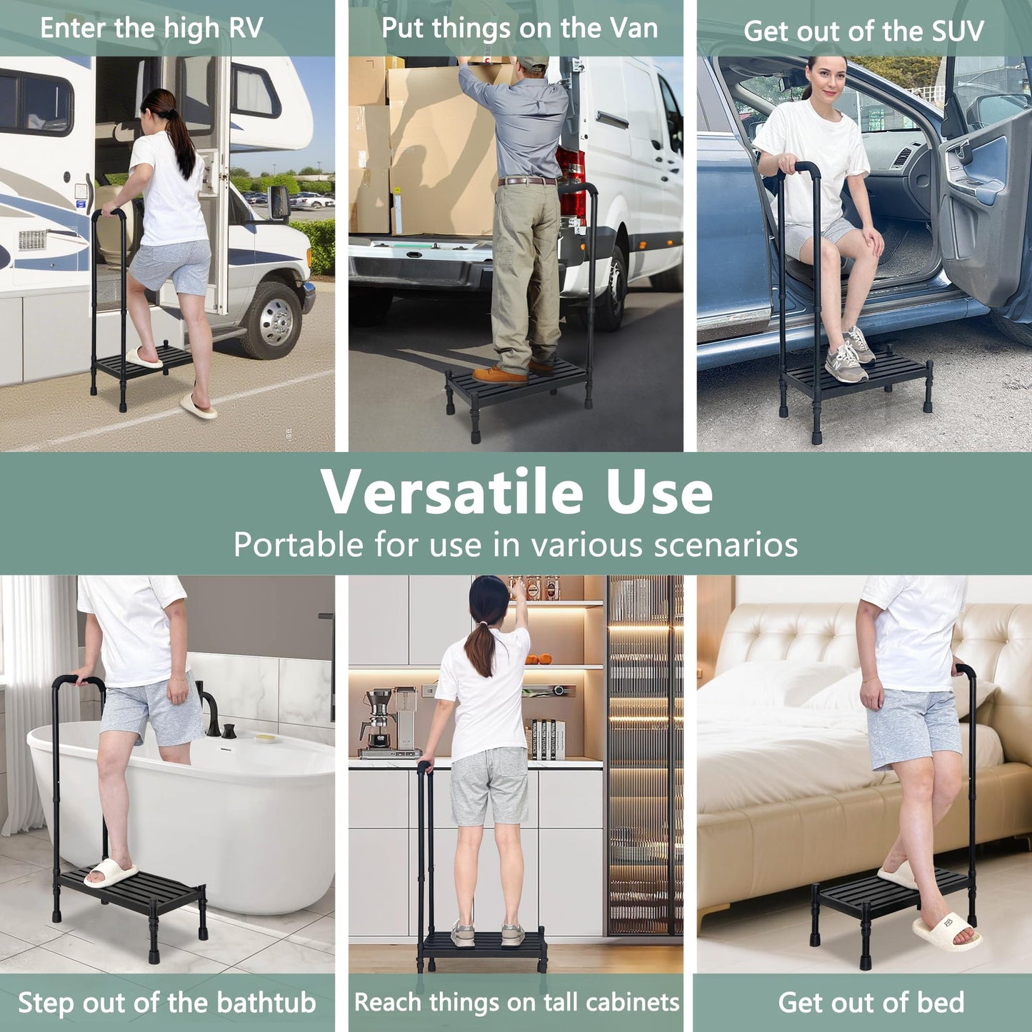 Car Step Stool with Handle for Elderly, Medical Handicap Step Stools with Handrail, Seniors Bed Steps for High Beds, Heavy Duty Metal Stepping Stool with Safety Step Platform, Vehicle Step Up Assist