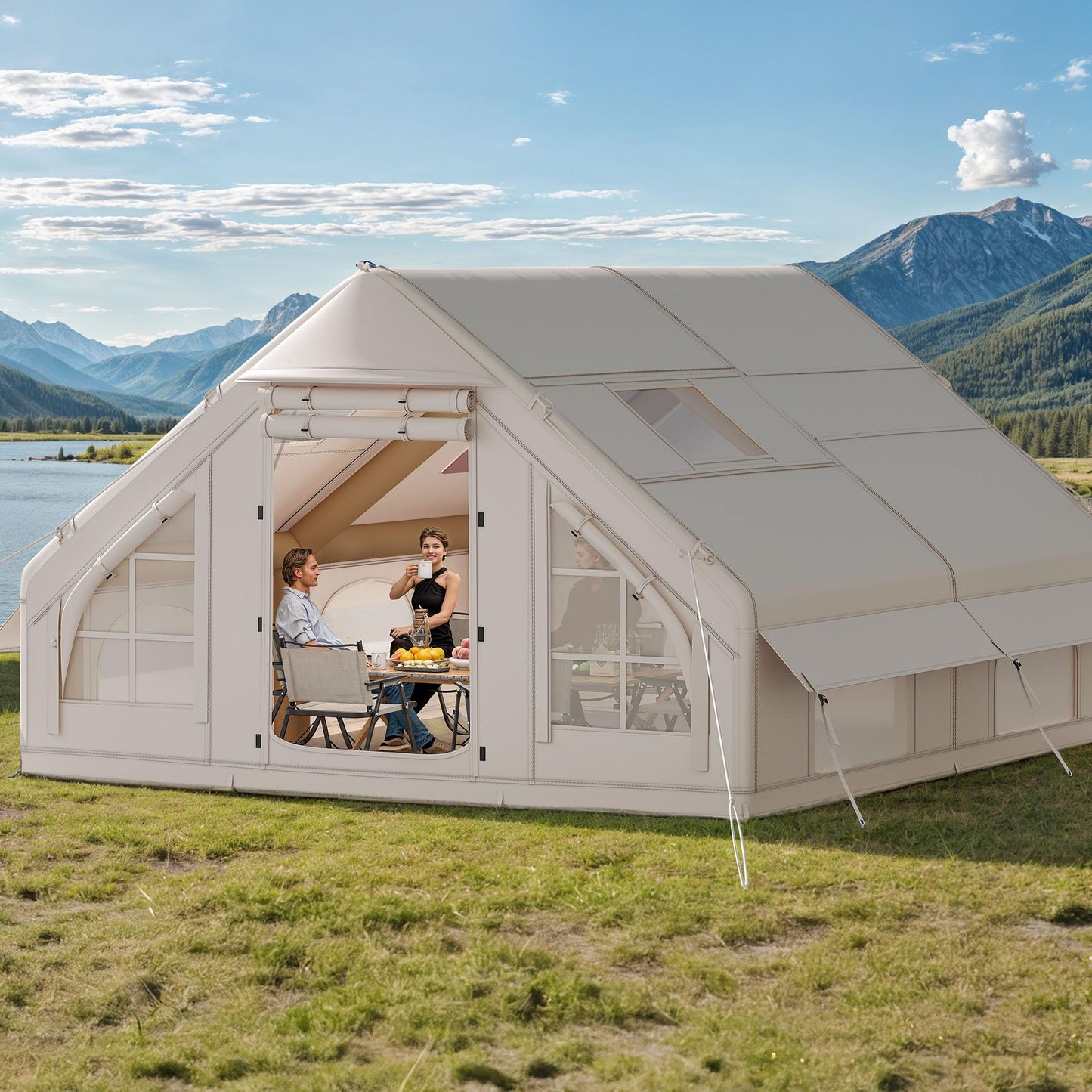 DWVO 13FT X 10FT Inflatable Camping Tents, 6-8 People Inflatable House Tents with Pump, Easy Setup with Explosion Proof Valve, Waterproof Oxford Air Glamping for Camping
